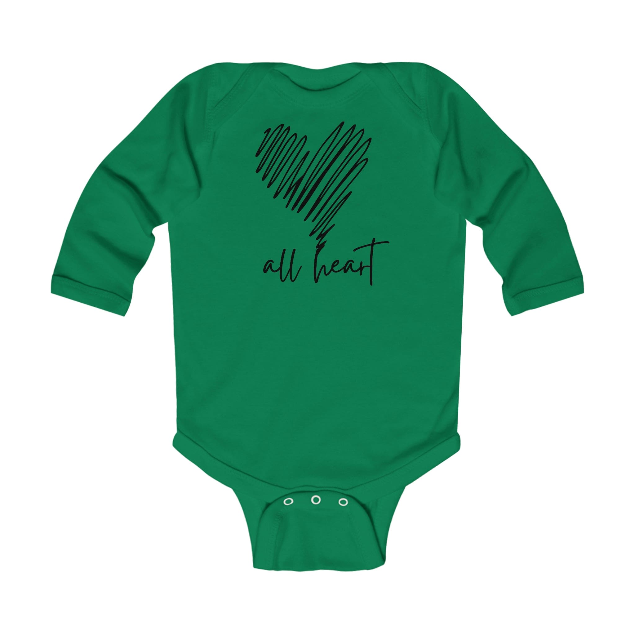 Infant long sleeve bodysuit in black with heart line art design, featuring plastic snaps for easy changing.