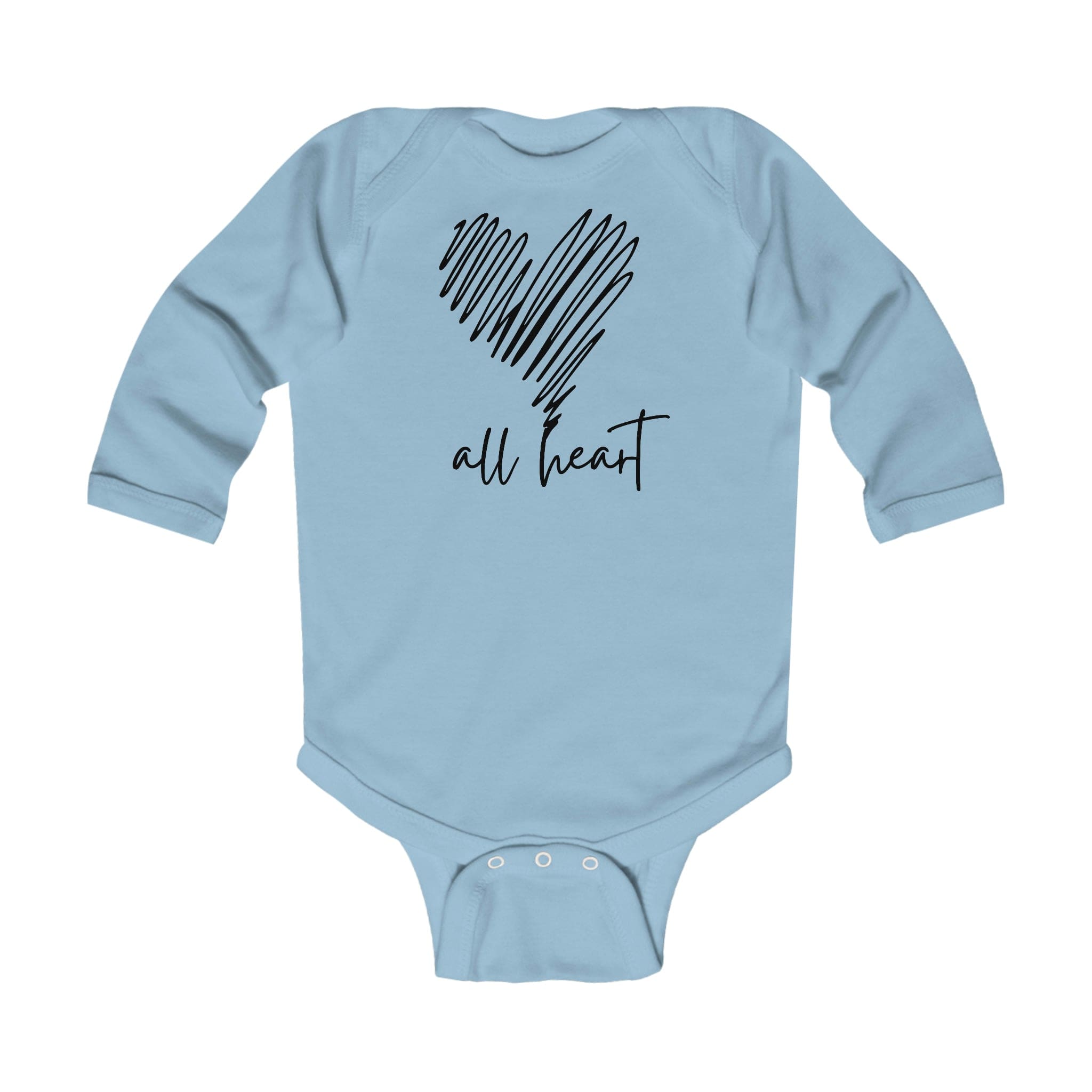 Infant long sleeve bodysuit in black with heart line art design, featuring plastic snaps for easy changing.
