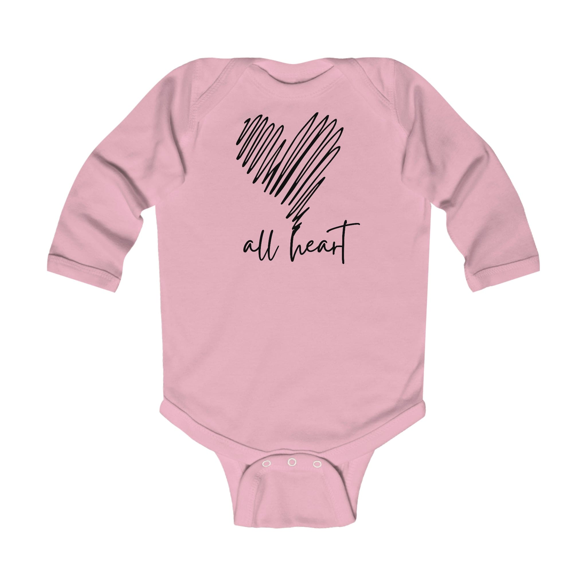 Infant long sleeve bodysuit in black with heart line art design, featuring plastic snaps for easy changing.