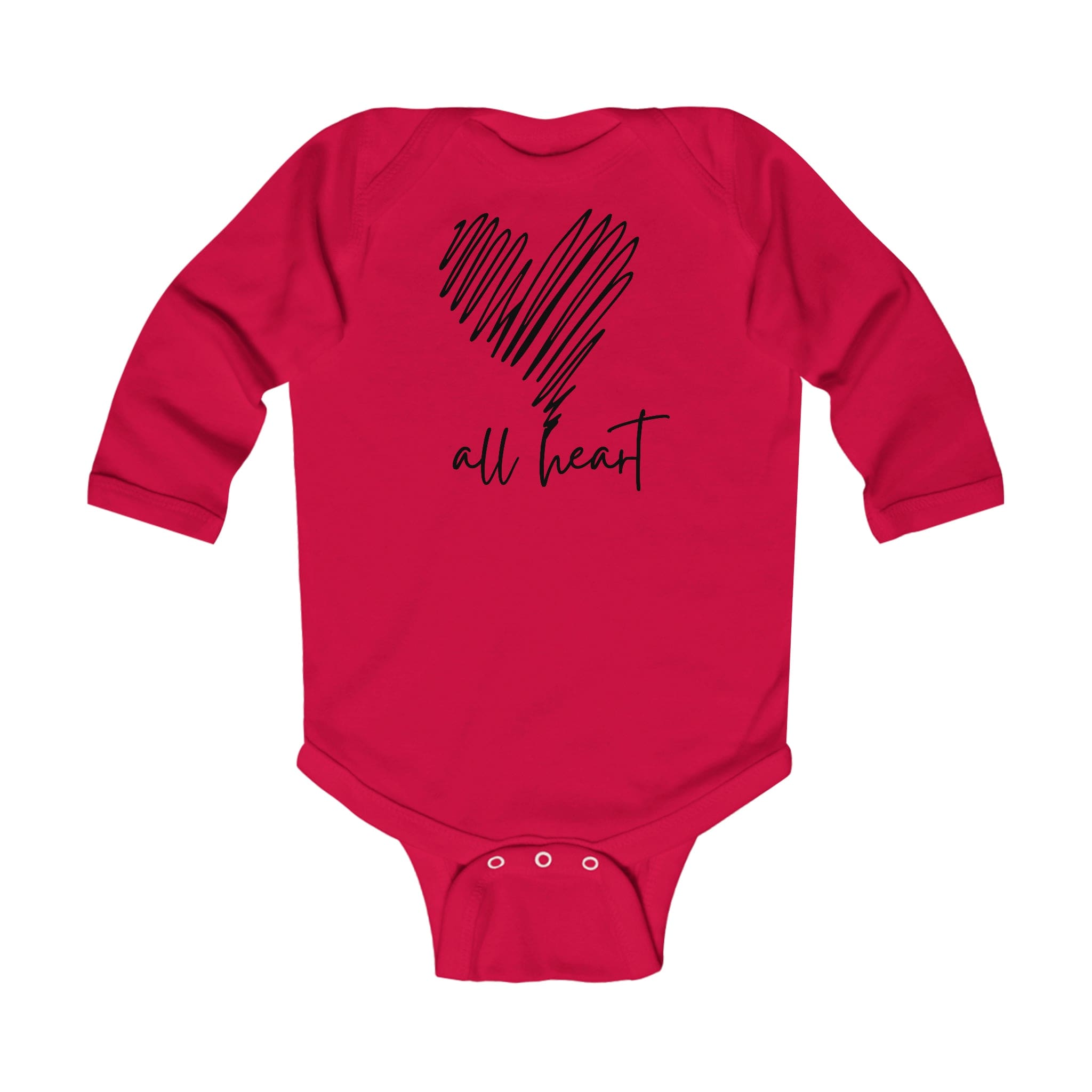Infant long sleeve bodysuit in black with heart line art design, featuring plastic snaps for easy changing.