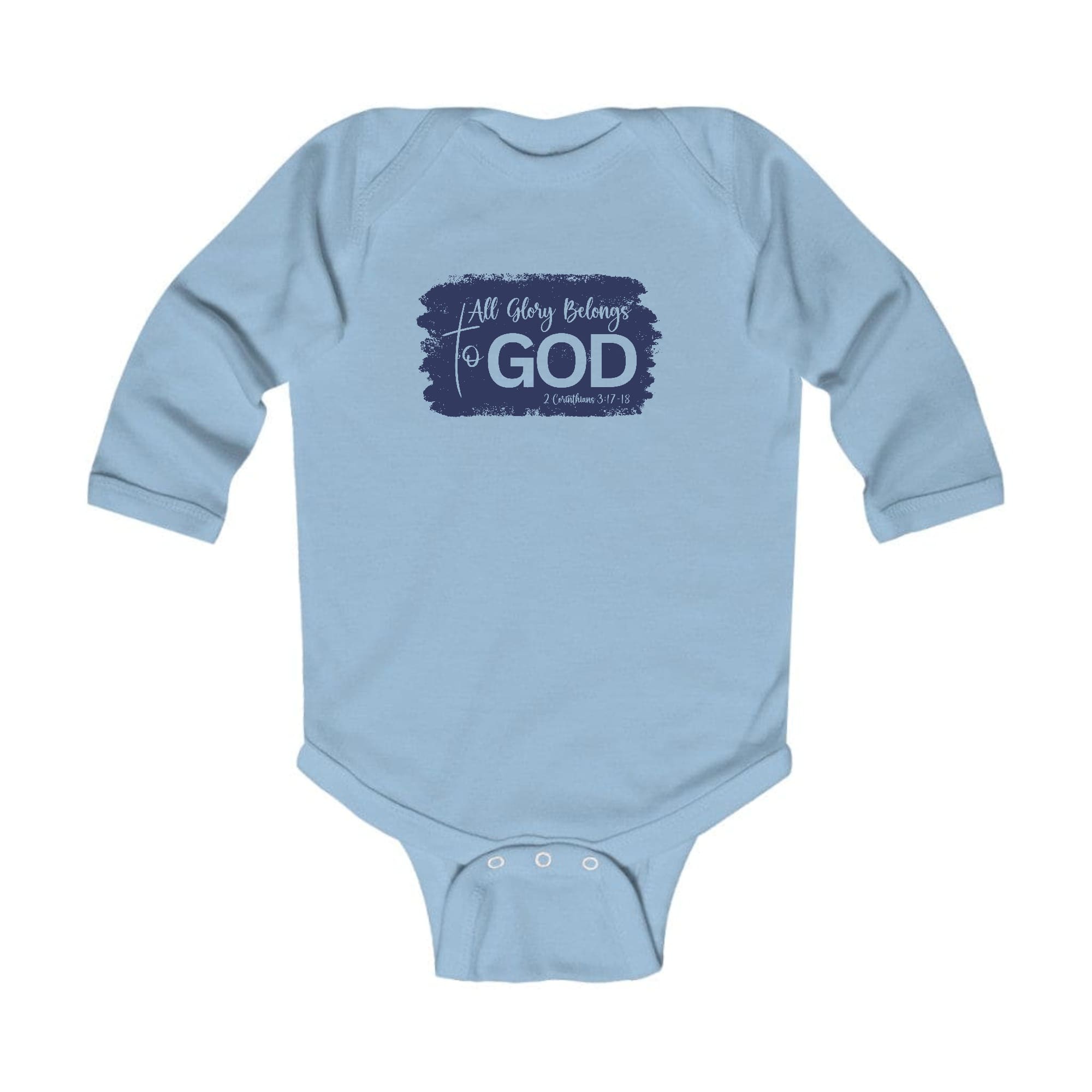 Infant Long Sleeve Graphic T-shirt in navy featuring 'All Glory Belongs to God' illustration, designed for comfort and easy dressing.