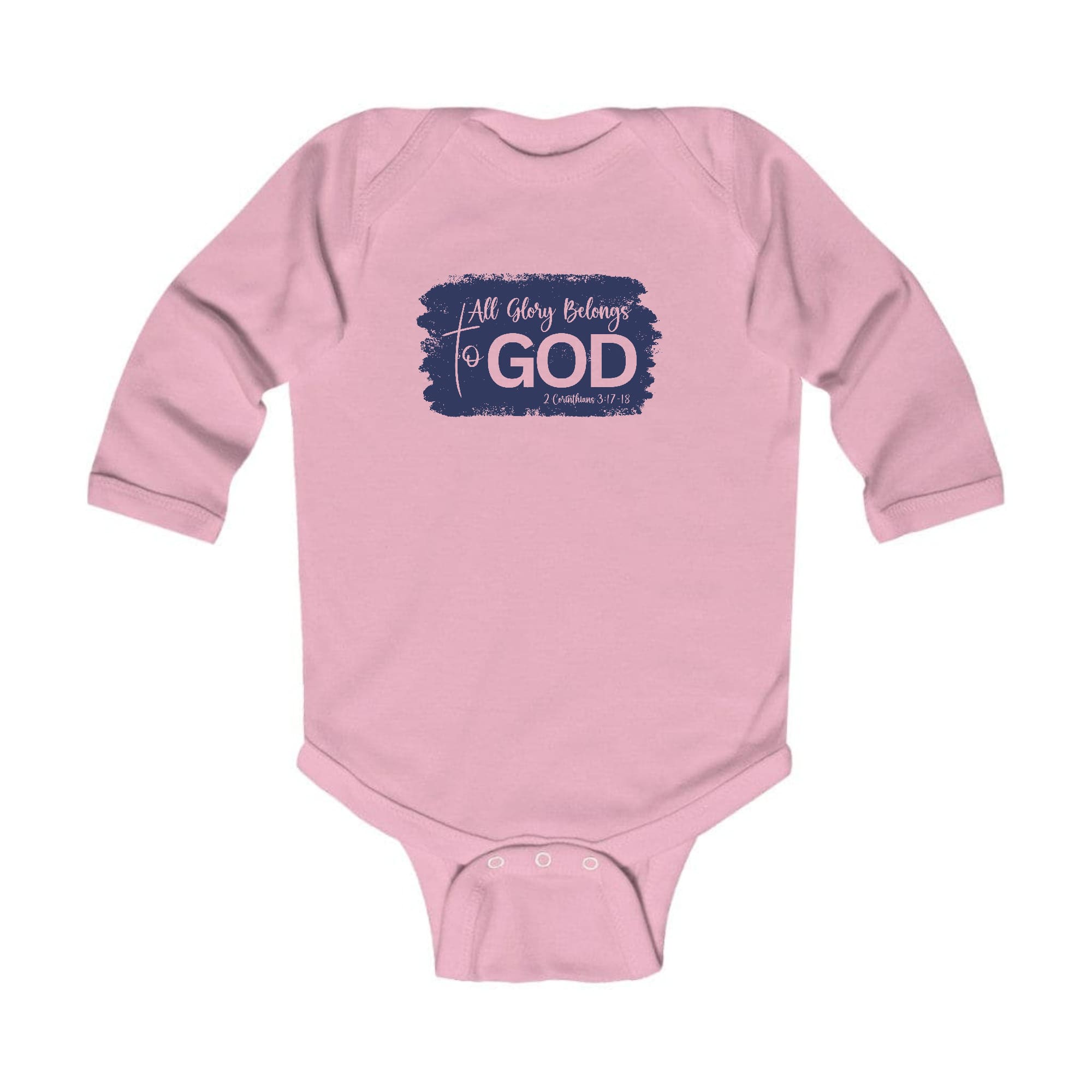 Infant Long Sleeve Graphic T-shirt in navy featuring 'All Glory Belongs to God' illustration, designed for comfort and easy dressing.