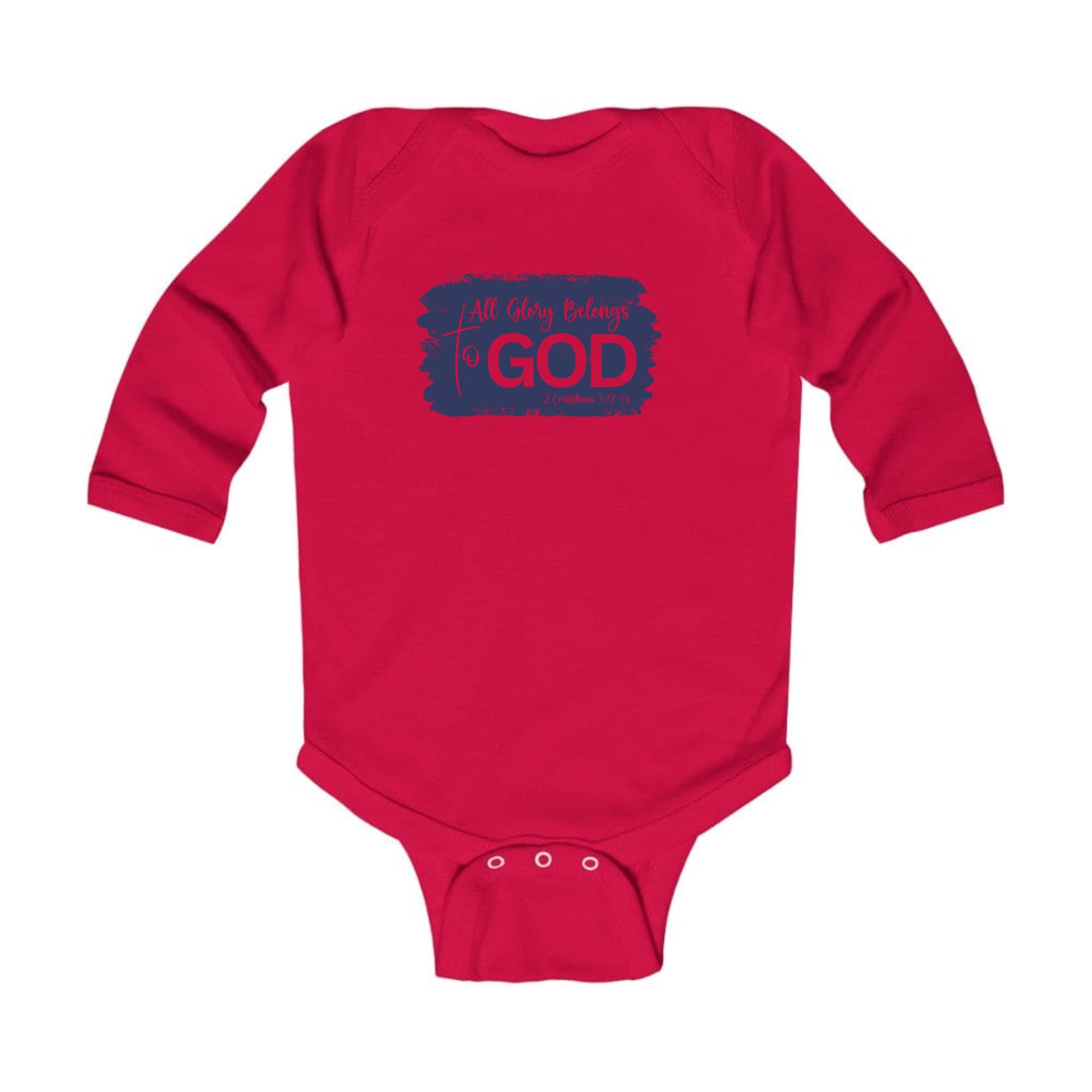 Infant Long Sleeve Graphic T-shirt in navy featuring 'All Glory Belongs to God' illustration, designed for comfort and easy dressing.