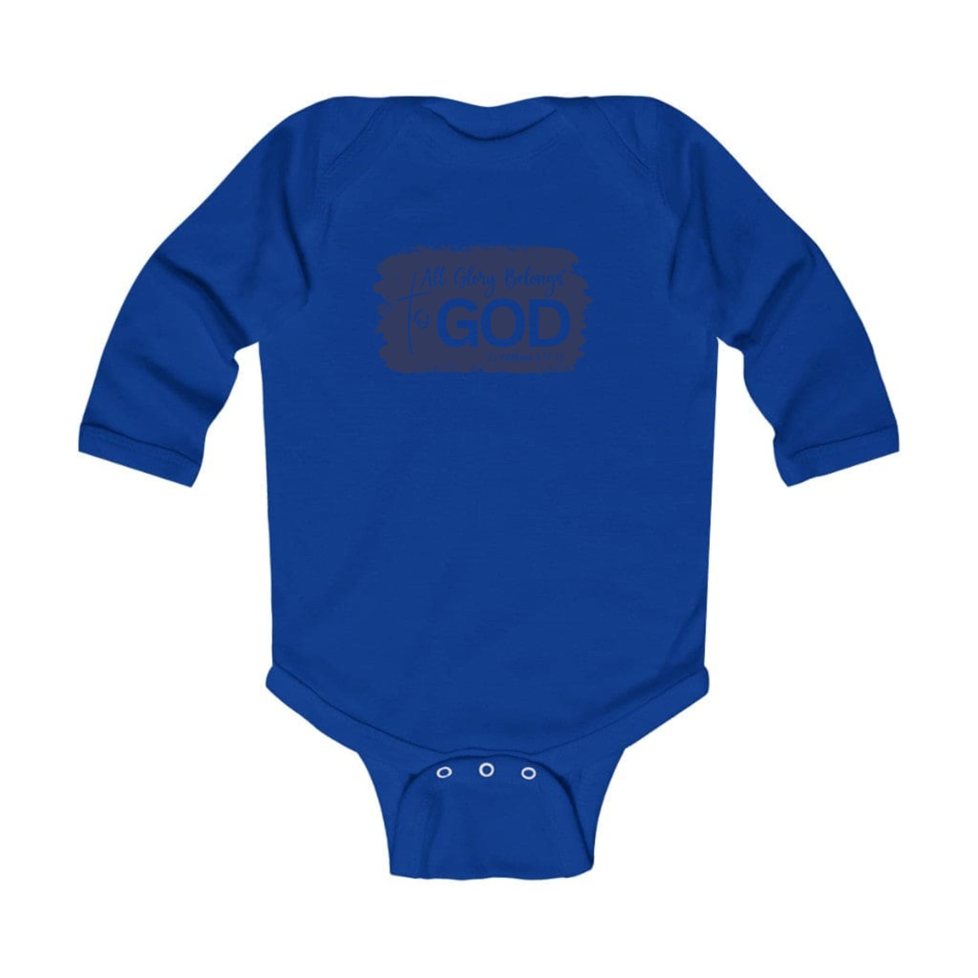 Infant Long Sleeve Graphic T-shirt in navy featuring 'All Glory Belongs to God' illustration, designed for comfort and easy dressing.