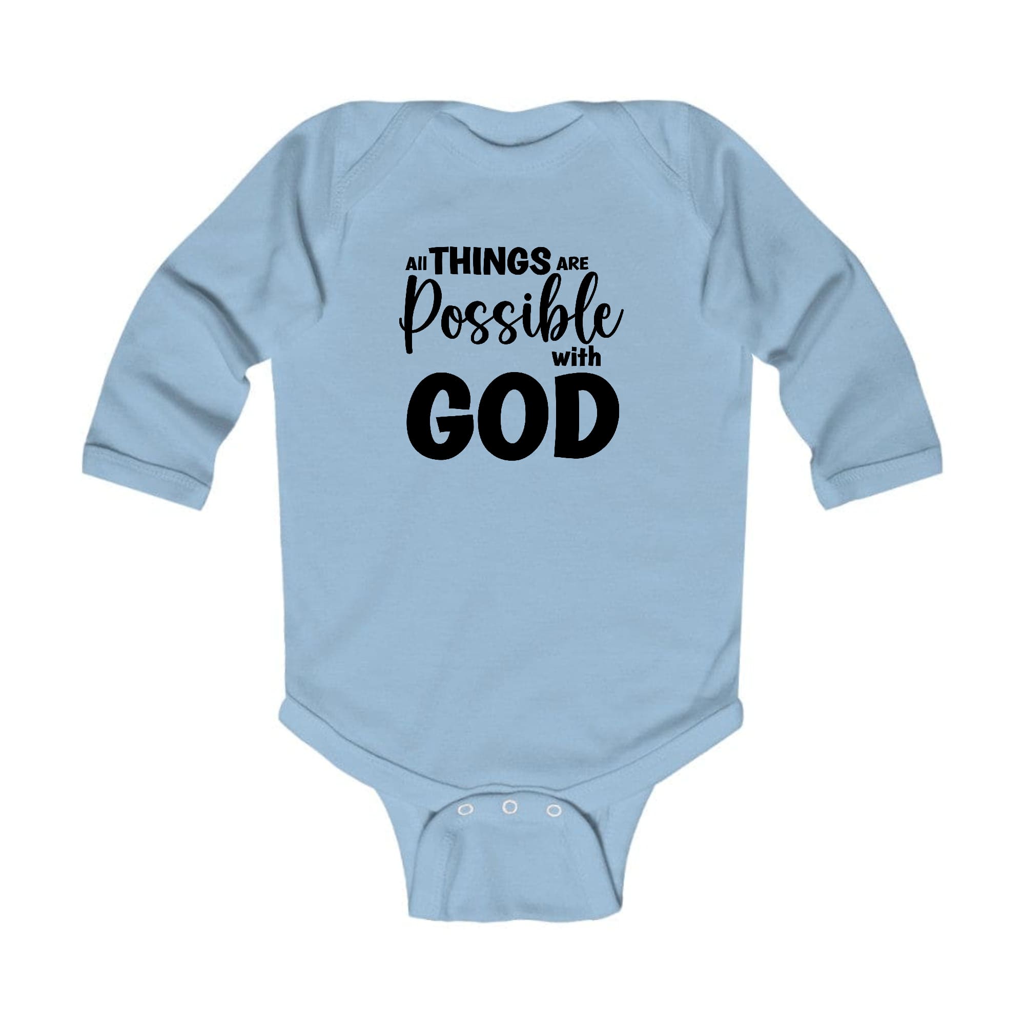Infant Long Sleeve Graphic T-shirt in black with 'All Things Are Possible With God' printed on the front, featuring lap shoulders for easy dressing.