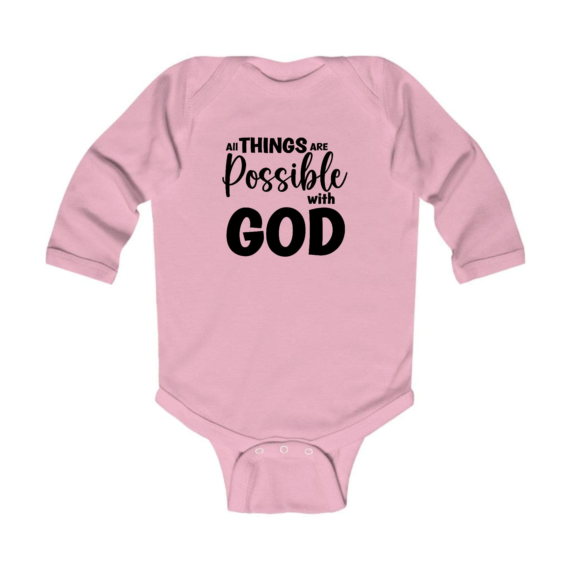 Infant Long Sleeve Graphic T-shirt in black with 'All Things Are Possible With God' printed on the front, featuring lap shoulders for easy dressing.