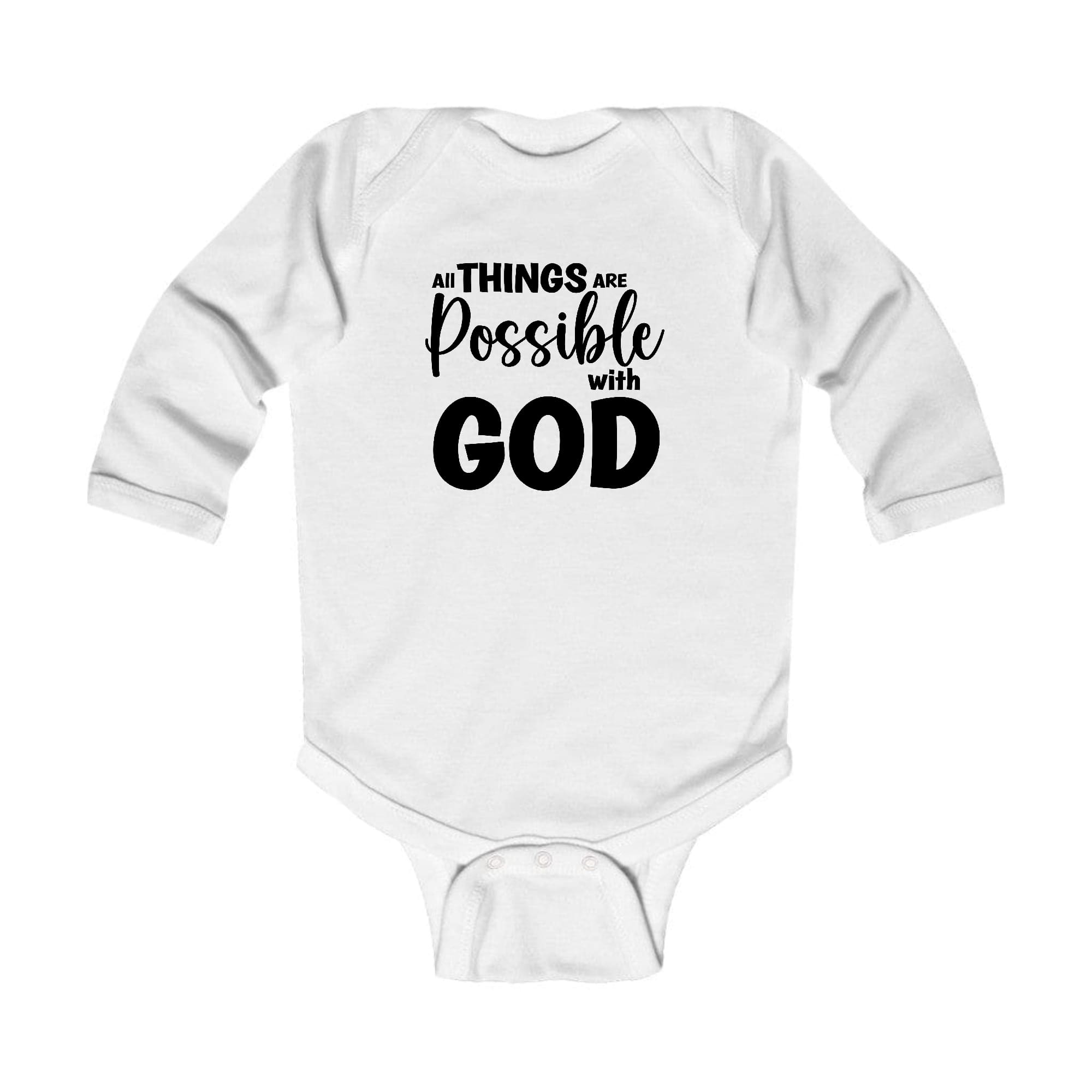 Infant Long Sleeve Graphic T-shirt in black with 'All Things Are Possible With God' printed on the front, featuring lap shoulders for easy dressing.