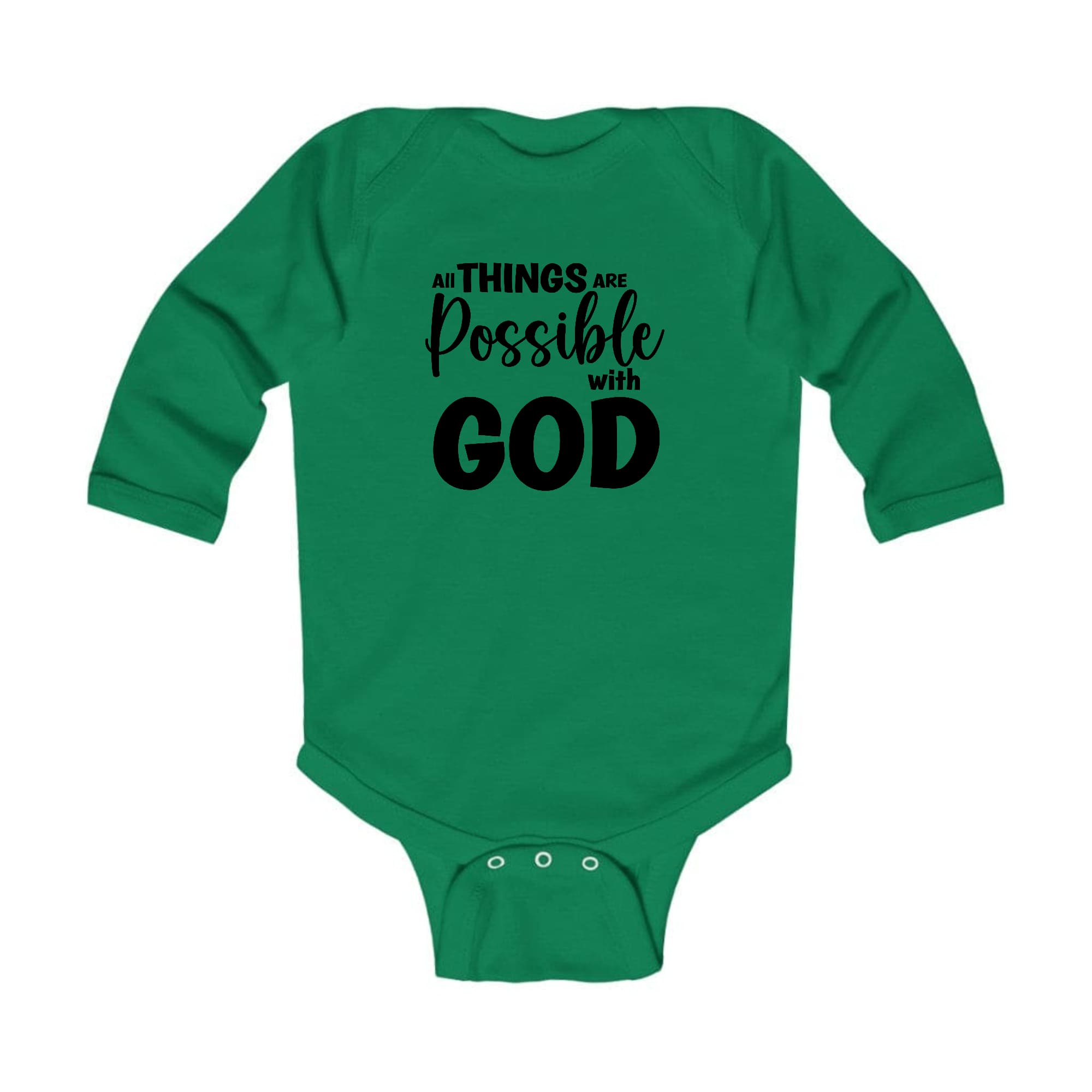 Infant Long Sleeve Graphic T-shirt in black with 'All Things Are Possible With God' printed on the front, featuring lap shoulders for easy dressing.