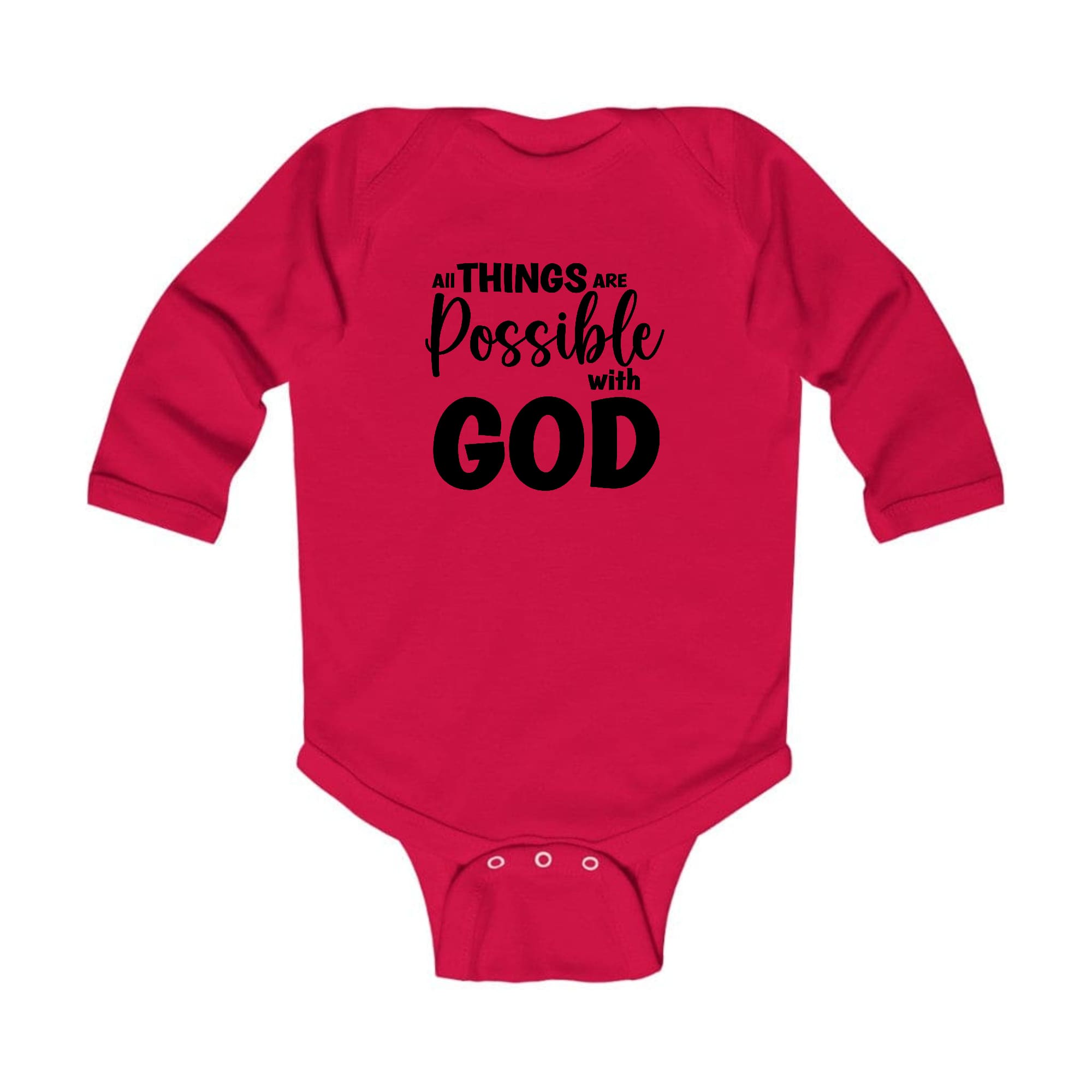 Infant Long Sleeve Graphic T-shirt in black with 'All Things Are Possible With God' printed on the front, featuring lap shoulders for easy dressing.