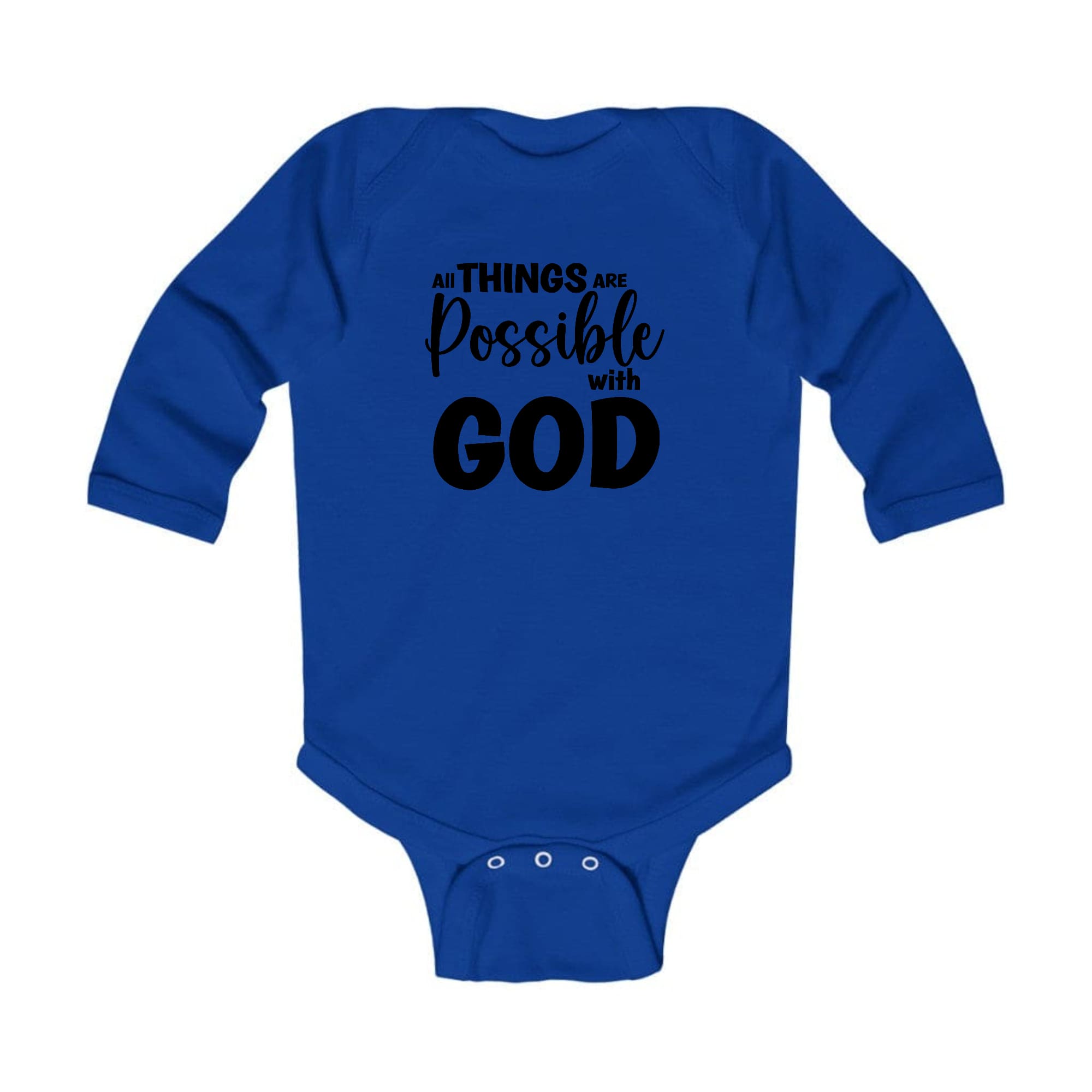 Infant Long Sleeve Graphic T-shirt in black with 'All Things Are Possible With God' printed on the front, featuring lap shoulders for easy dressing.
