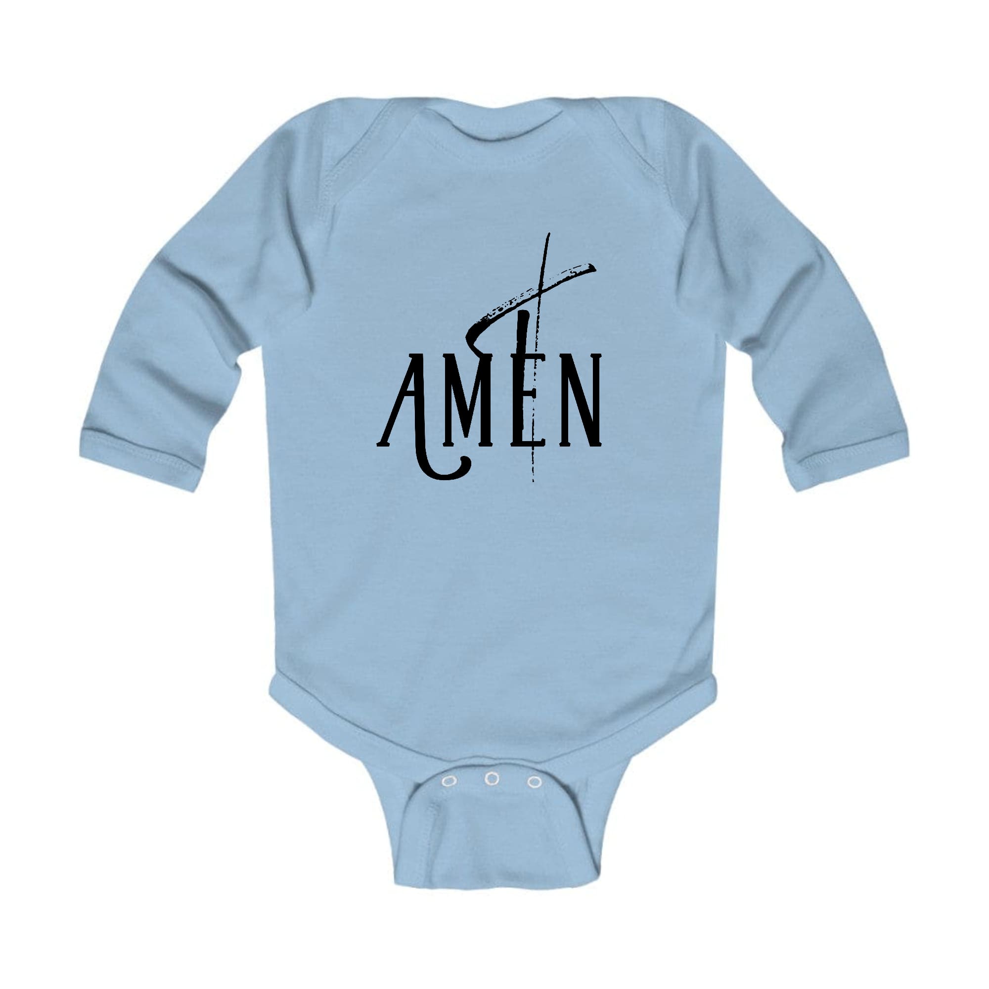 Infant Long Sleeve Graphic T-shirt featuring AMEN Black Print, made from soft cotton with a lap shoulder design.