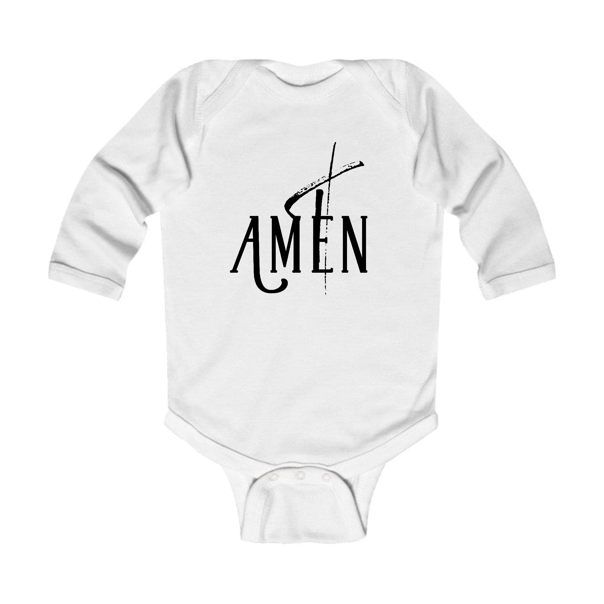 Infant Long Sleeve Graphic T-shirt featuring AMEN Black Print, made from soft cotton with a lap shoulder design.