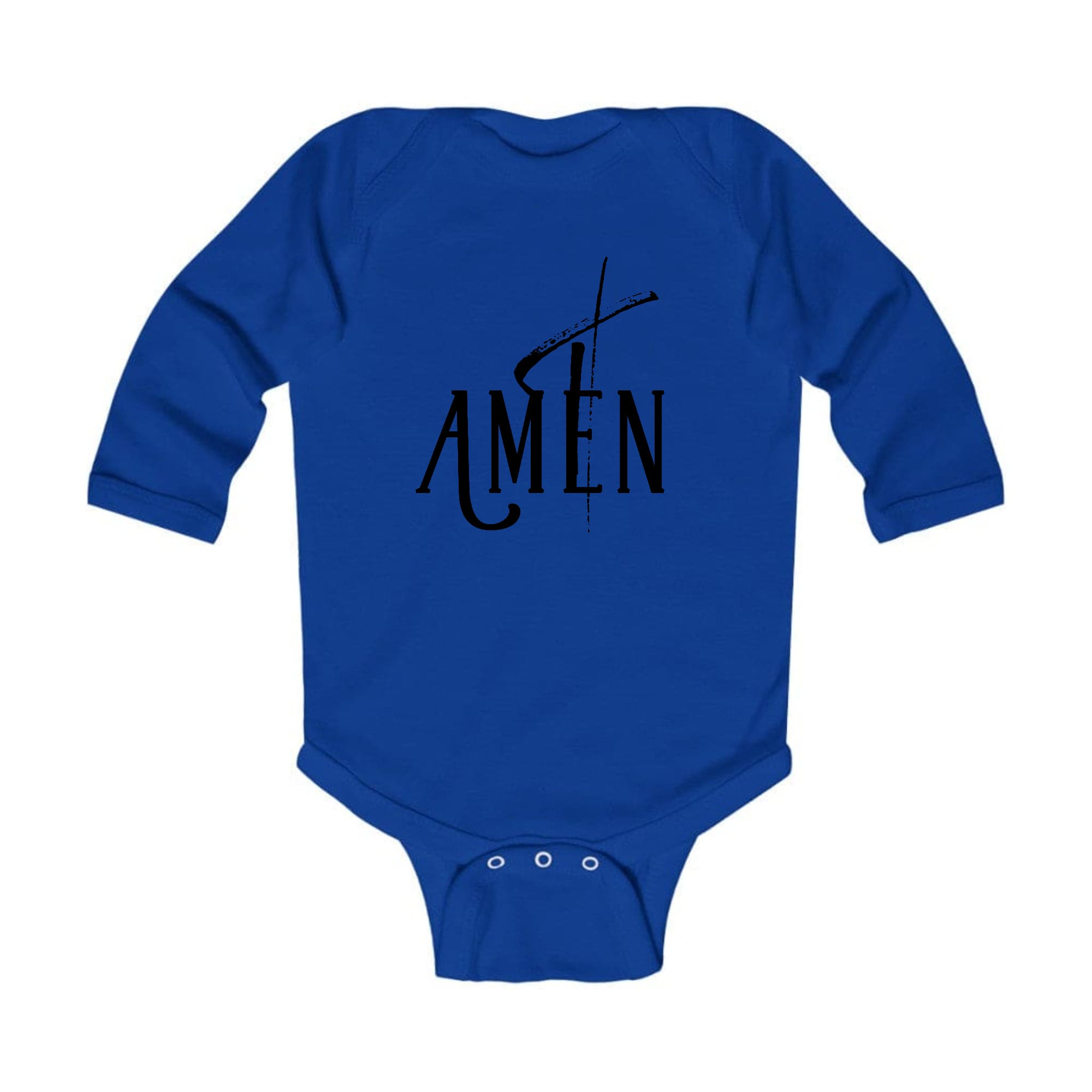 Infant Long Sleeve Graphic T-shirt featuring AMEN Black Print, made from soft cotton with a lap shoulder design.