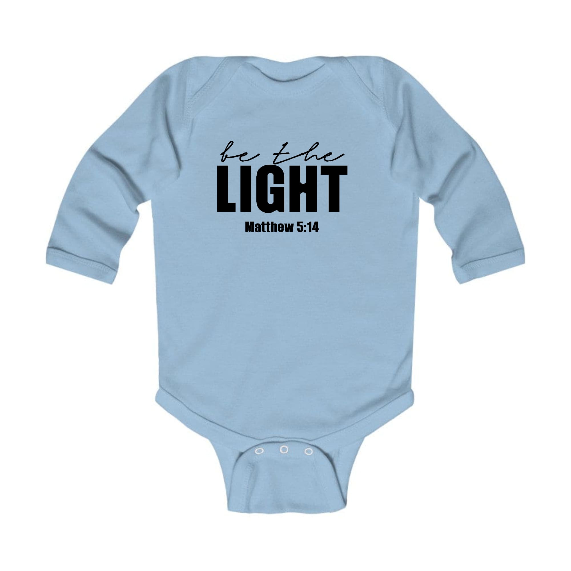 Infant Long Sleeve Graphic T-shirt in black featuring 'Be the Light' inspirational art illustration, designed for comfort and durability.