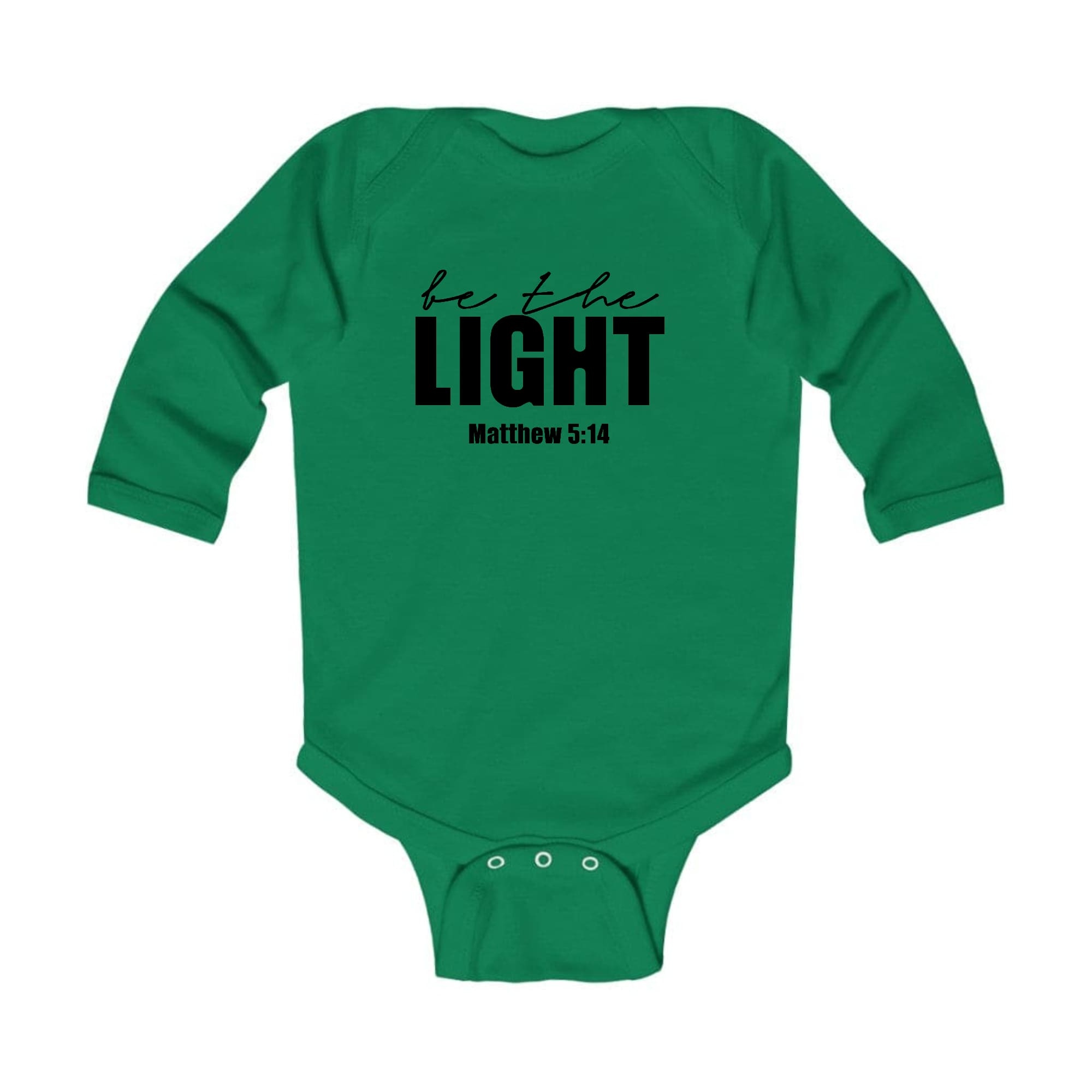 Infant Long Sleeve Graphic T-shirt in black featuring 'Be the Light' inspirational art illustration, designed for comfort and durability.