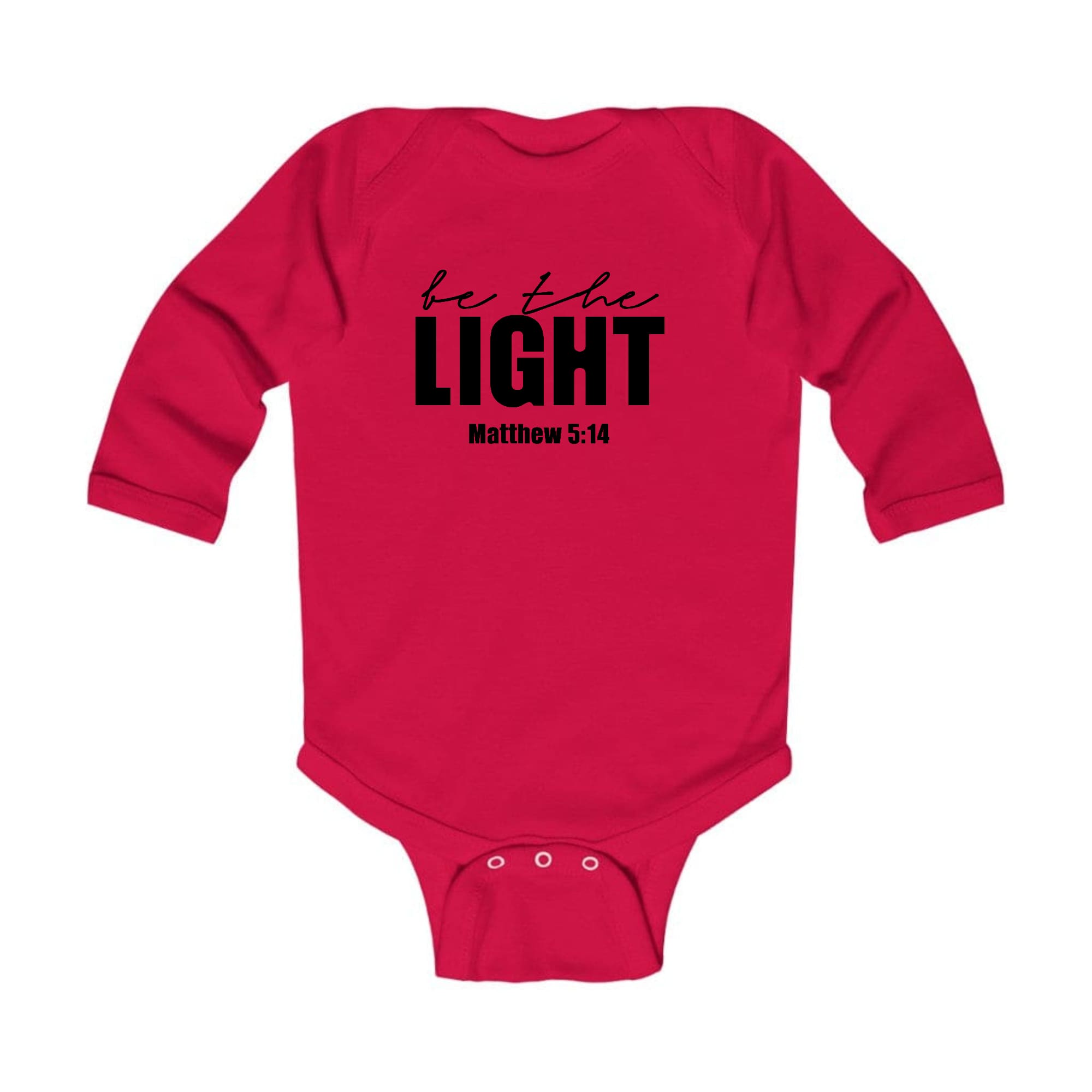 Infant Long Sleeve Graphic T-shirt in black featuring 'Be the Light' inspirational art illustration, designed for comfort and durability.