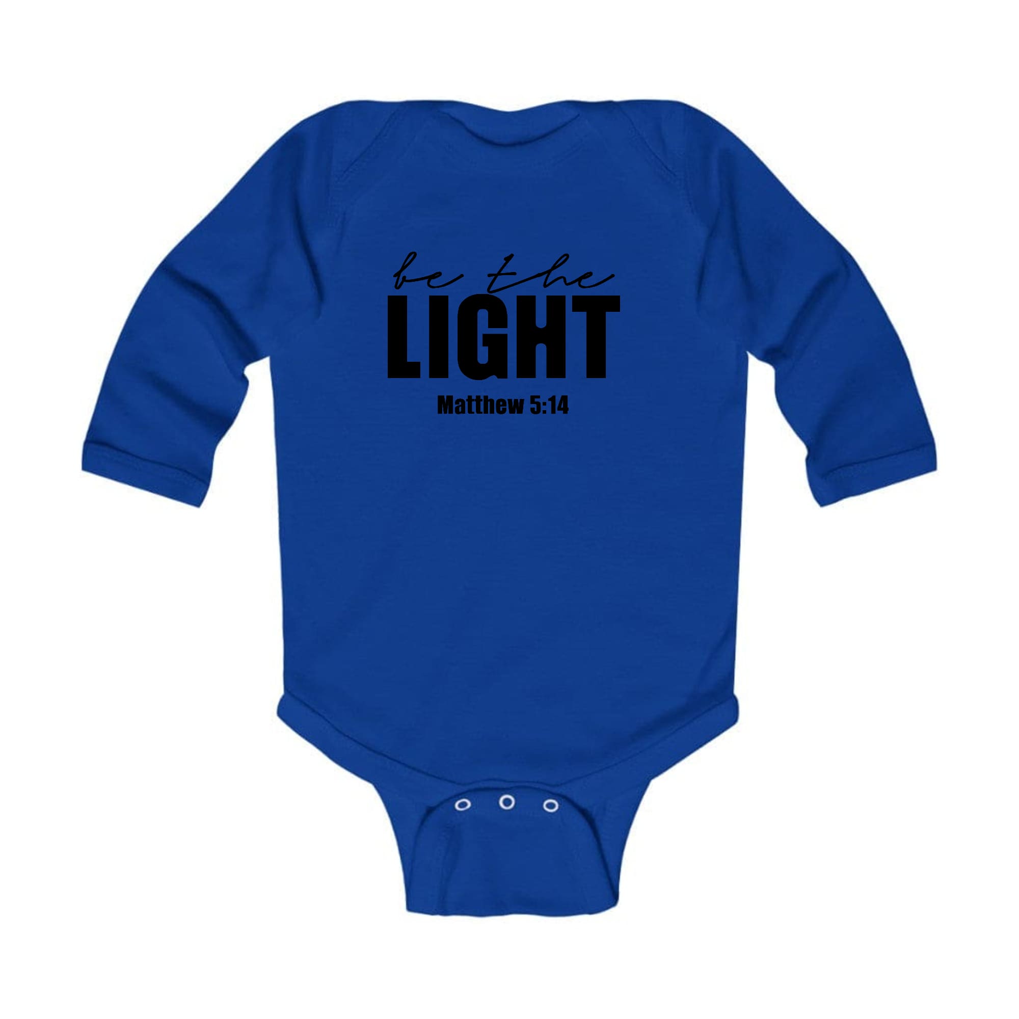 Infant Long Sleeve Graphic T-shirt in black featuring 'Be the Light' inspirational art illustration, designed for comfort and durability.