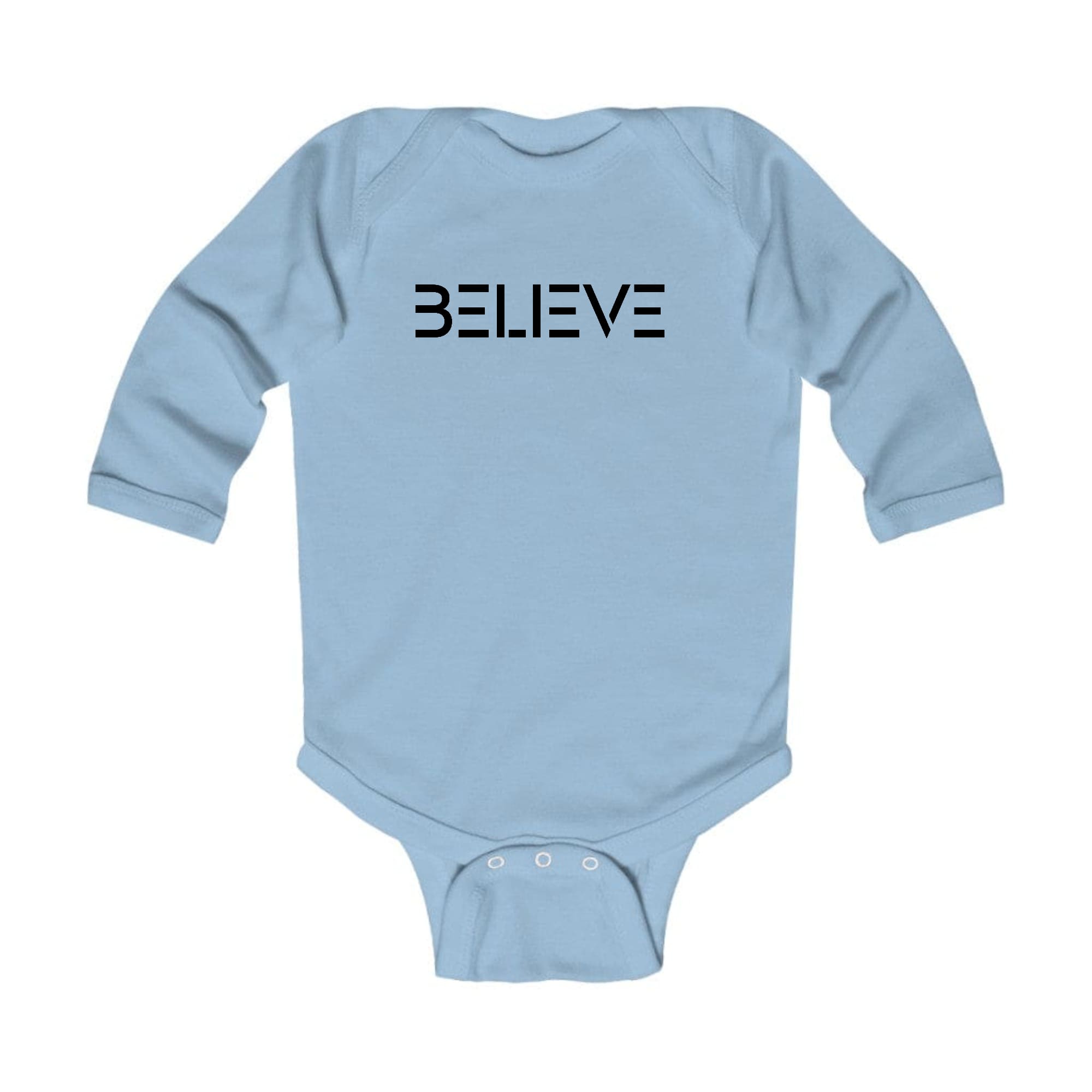 Infant Long Sleeve Graphic T-shirt featuring a 'Believe' black print, designed for comfort and easy dressing.