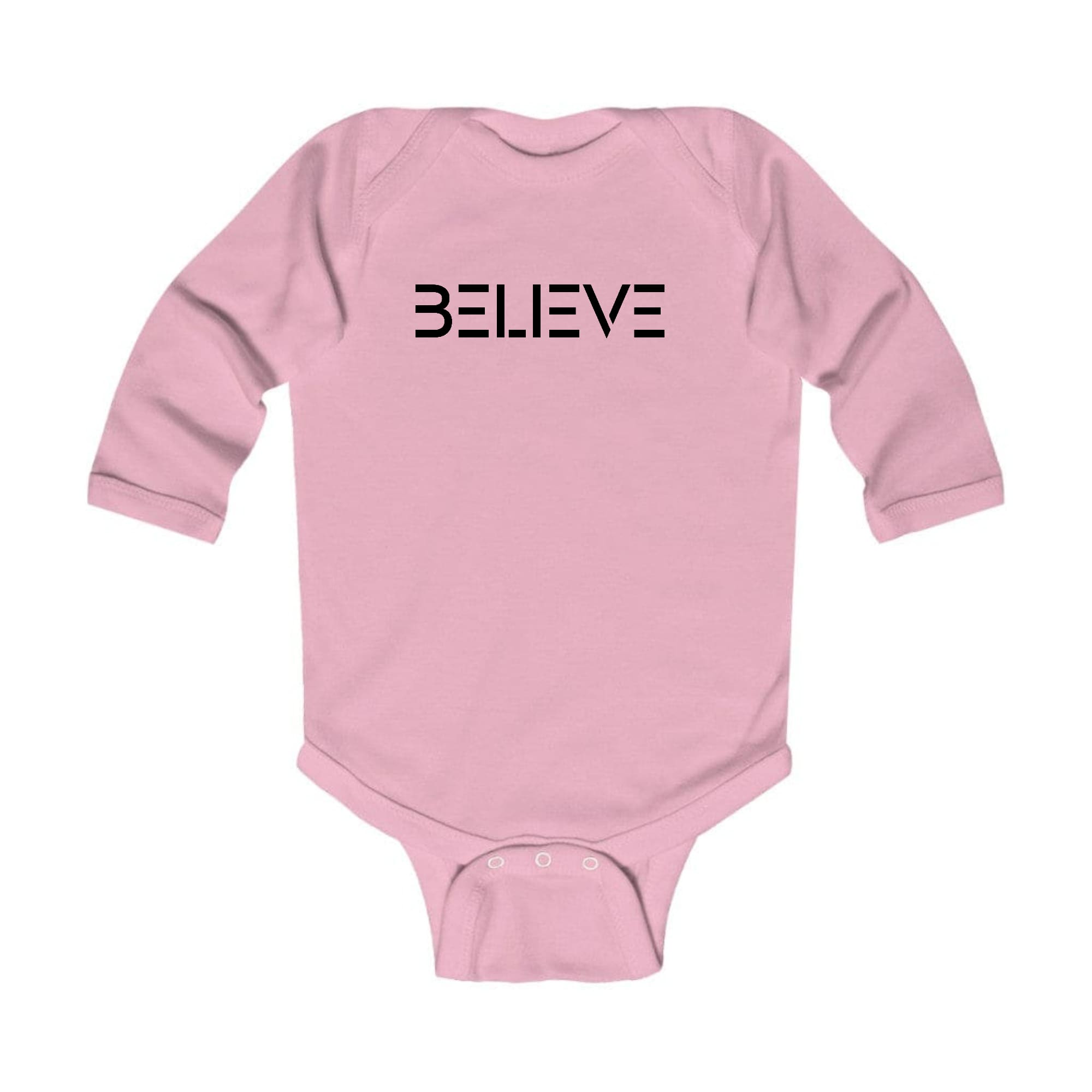 Infant Long Sleeve Graphic T-shirt featuring a 'Believe' black print, designed for comfort and easy dressing.