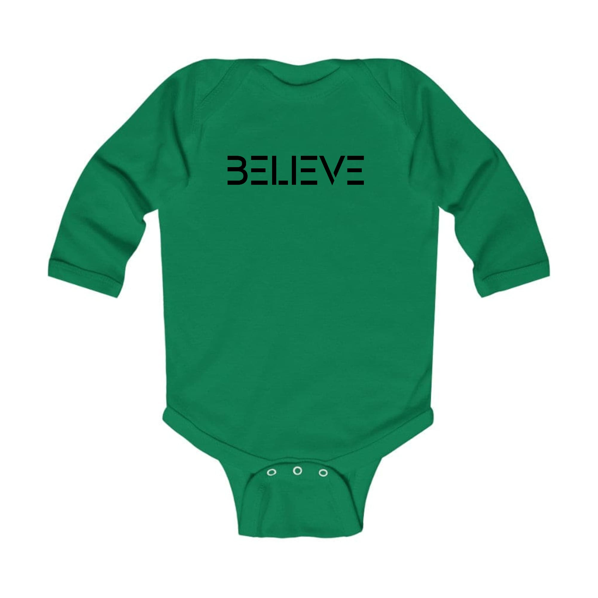 Infant Long Sleeve Graphic T-shirt featuring a 'Believe' black print, designed for comfort and easy dressing.
