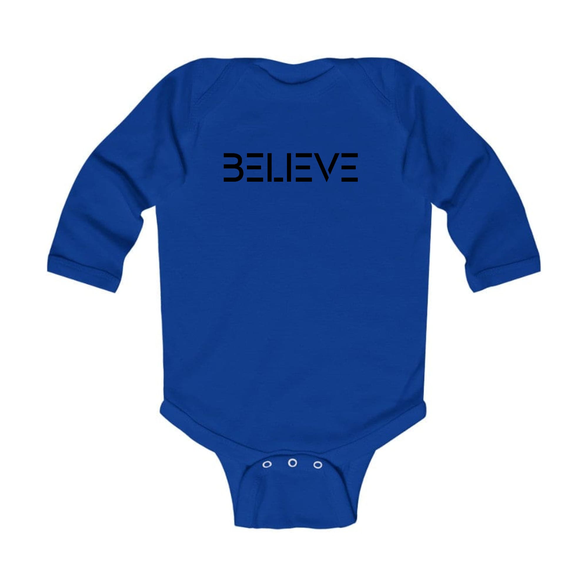 Infant Long Sleeve Graphic T-shirt featuring a 'Believe' black print, designed for comfort and easy dressing.