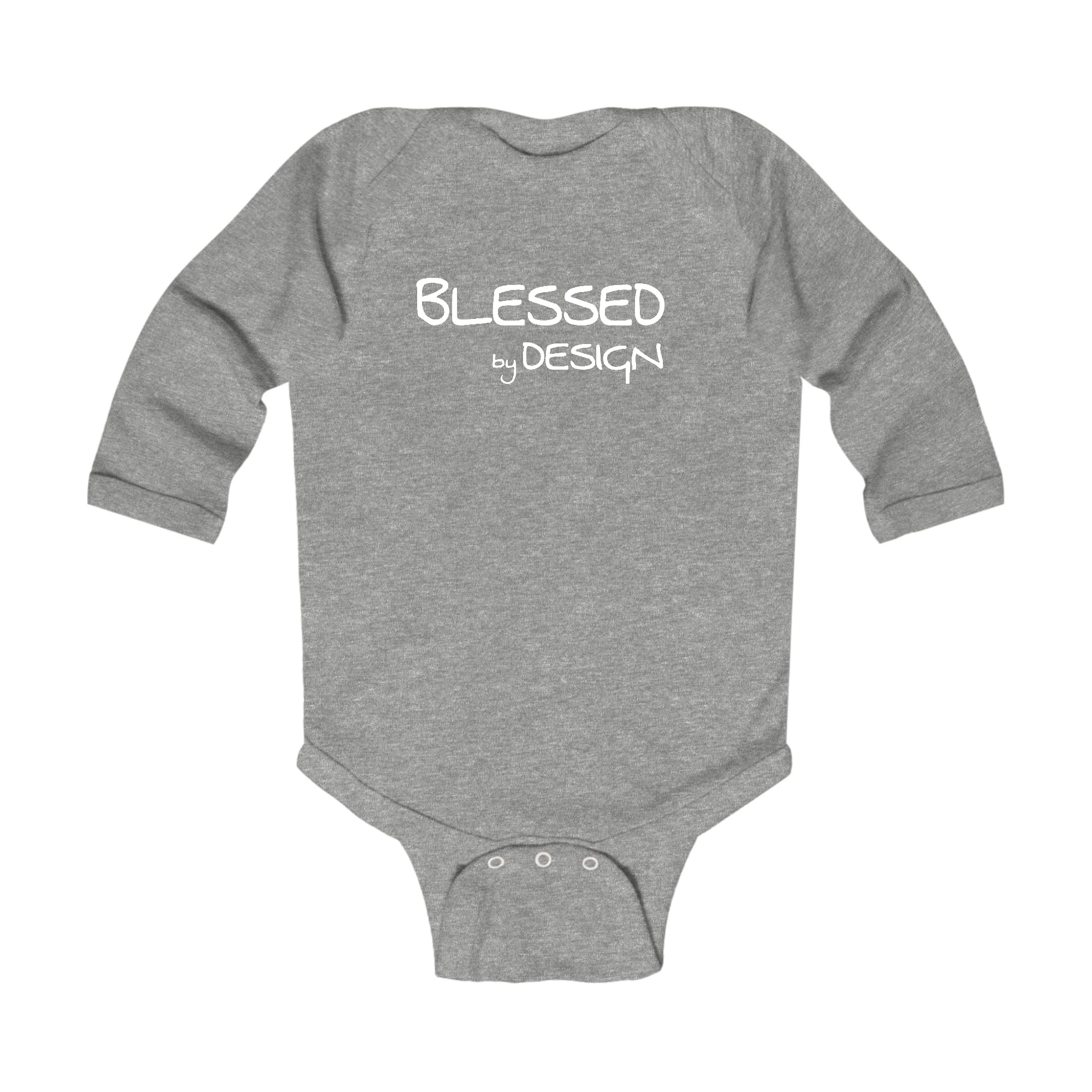 Infant Long Sleeve Graphic T-shirt featuring 'Blessed by Design' inspirational graphic, made from soft cotton for comfort.
