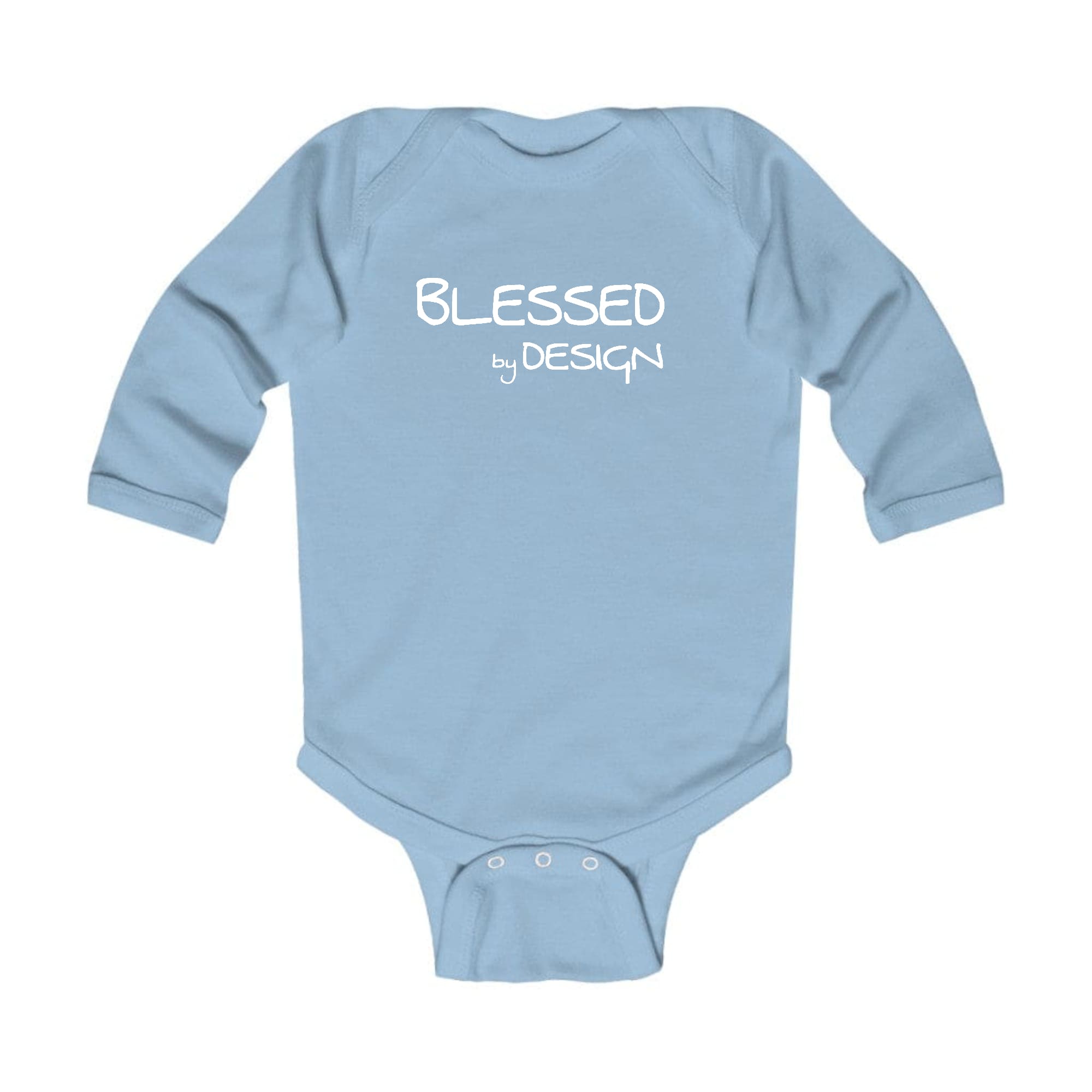 Infant Long Sleeve Graphic T-shirt featuring 'Blessed by Design' inspirational graphic, made from soft cotton for comfort.
