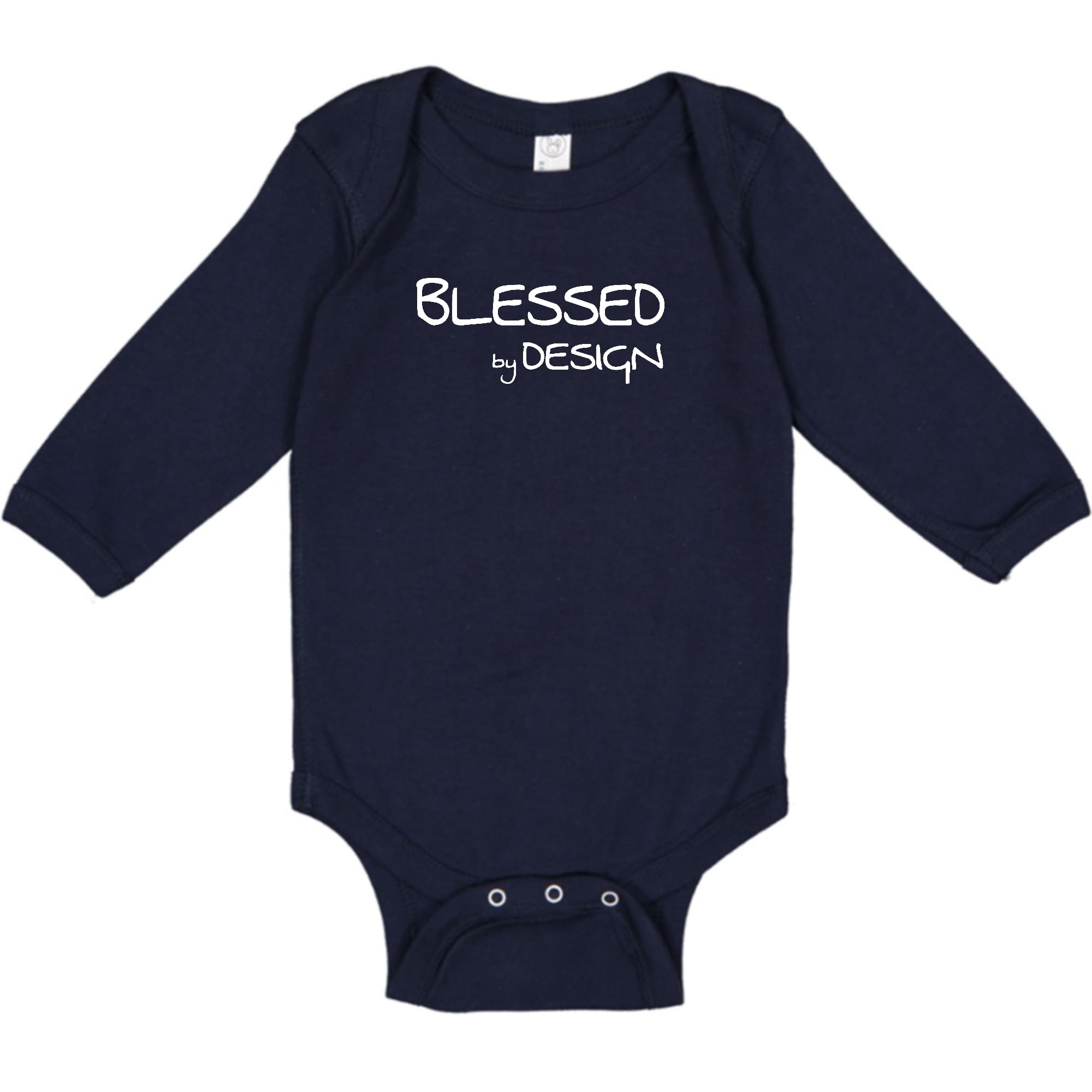 Infant Long Sleeve Graphic T-shirt featuring 'Blessed by Design' inspirational graphic, made from soft cotton for comfort.