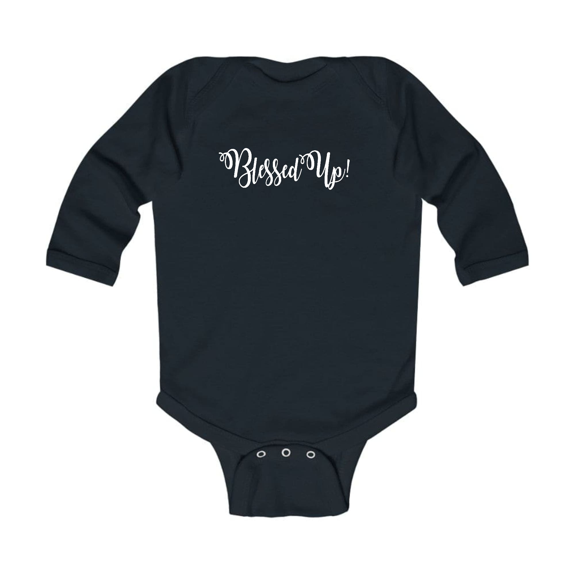 Infant wearing a Blessed Up Long Sleeve Graphic T-shirt, showcasing a colorful design and soft fabric.