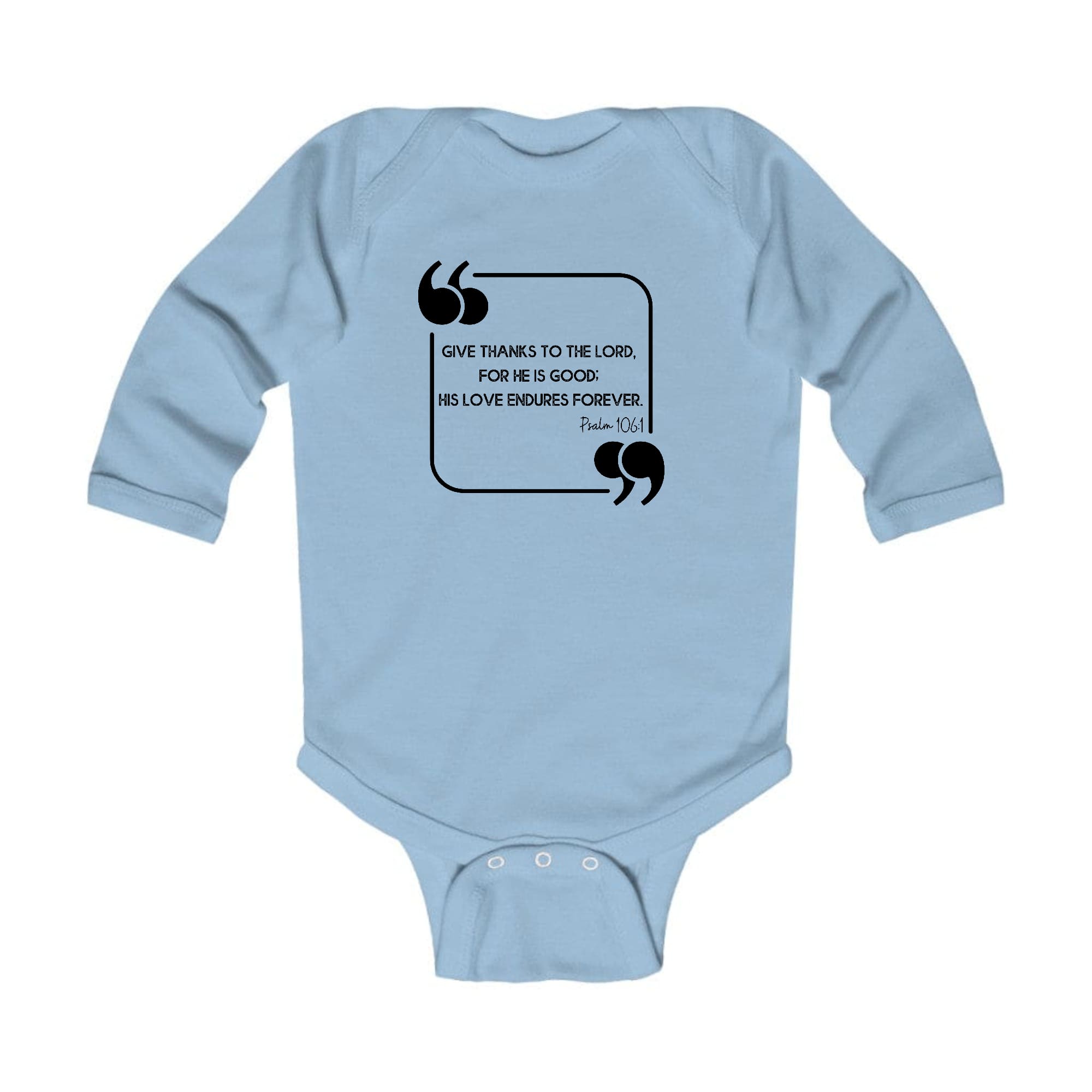 Infant Long Sleeve Graphic T-shirt in black with 'Give Thanks to the Lord' design, featuring lap shoulders and three snap closure.