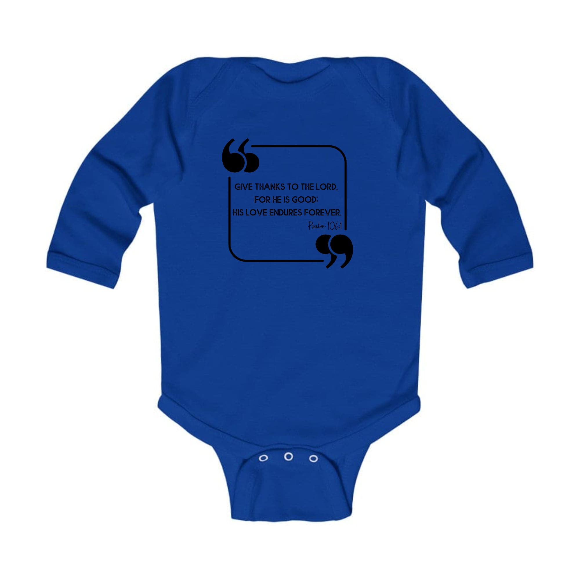 Infant Long Sleeve Graphic T-shirt in black with 'Give Thanks to the Lord' design, featuring lap shoulders and three snap closure.