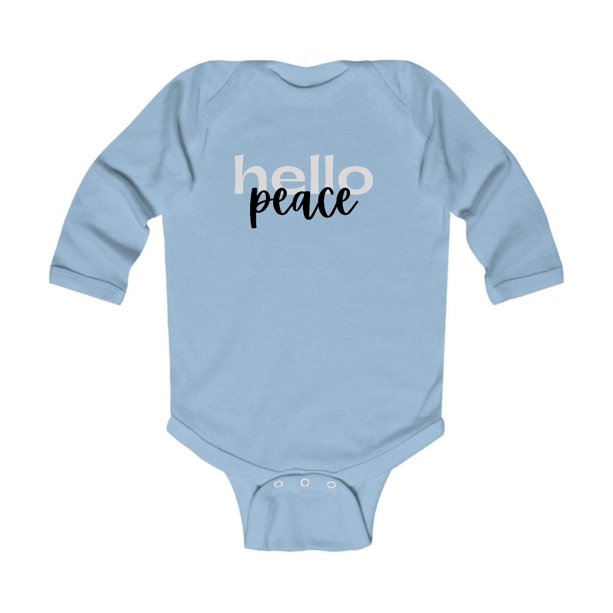 Infant Long Sleeve Graphic T-shirt in grey and black with 'Hello Peace' motivational print, designed for comfort and easy dressing.
