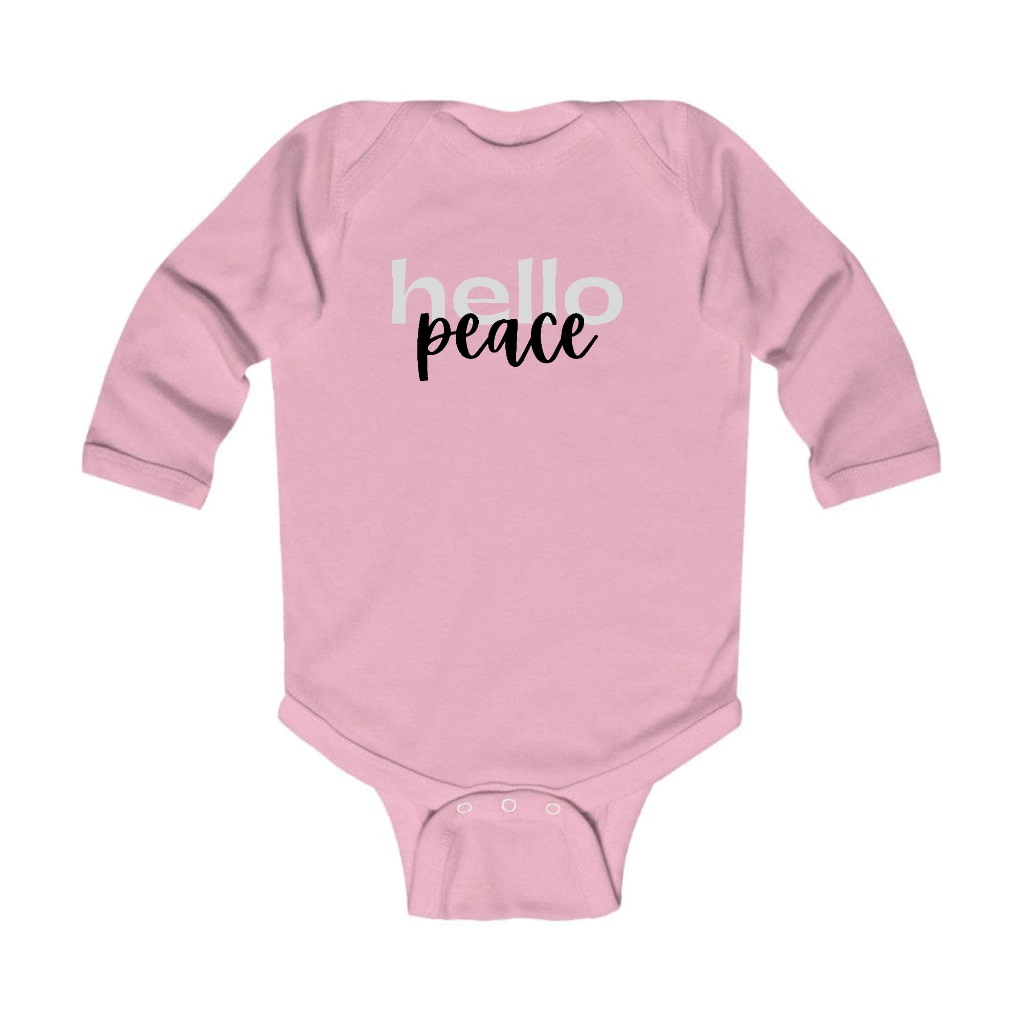 Infant Long Sleeve Graphic T-shirt in grey and black with 'Hello Peace' motivational print, designed for comfort and easy dressing.