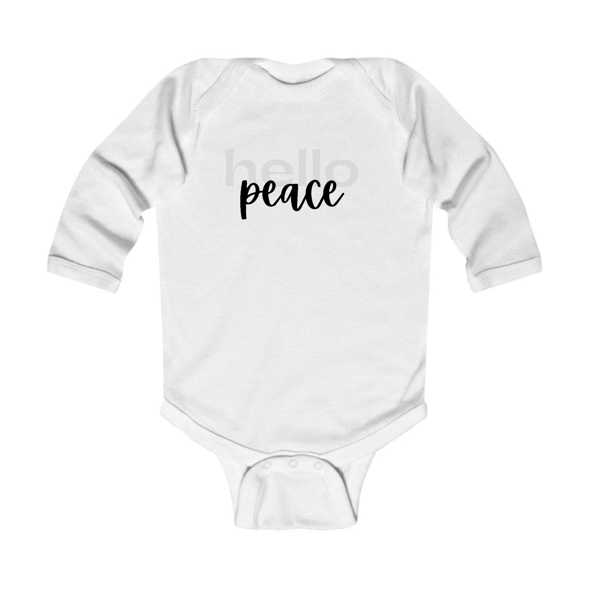 Infant Long Sleeve Graphic T-shirt in grey and black with 'Hello Peace' motivational print, designed for comfort and easy dressing.