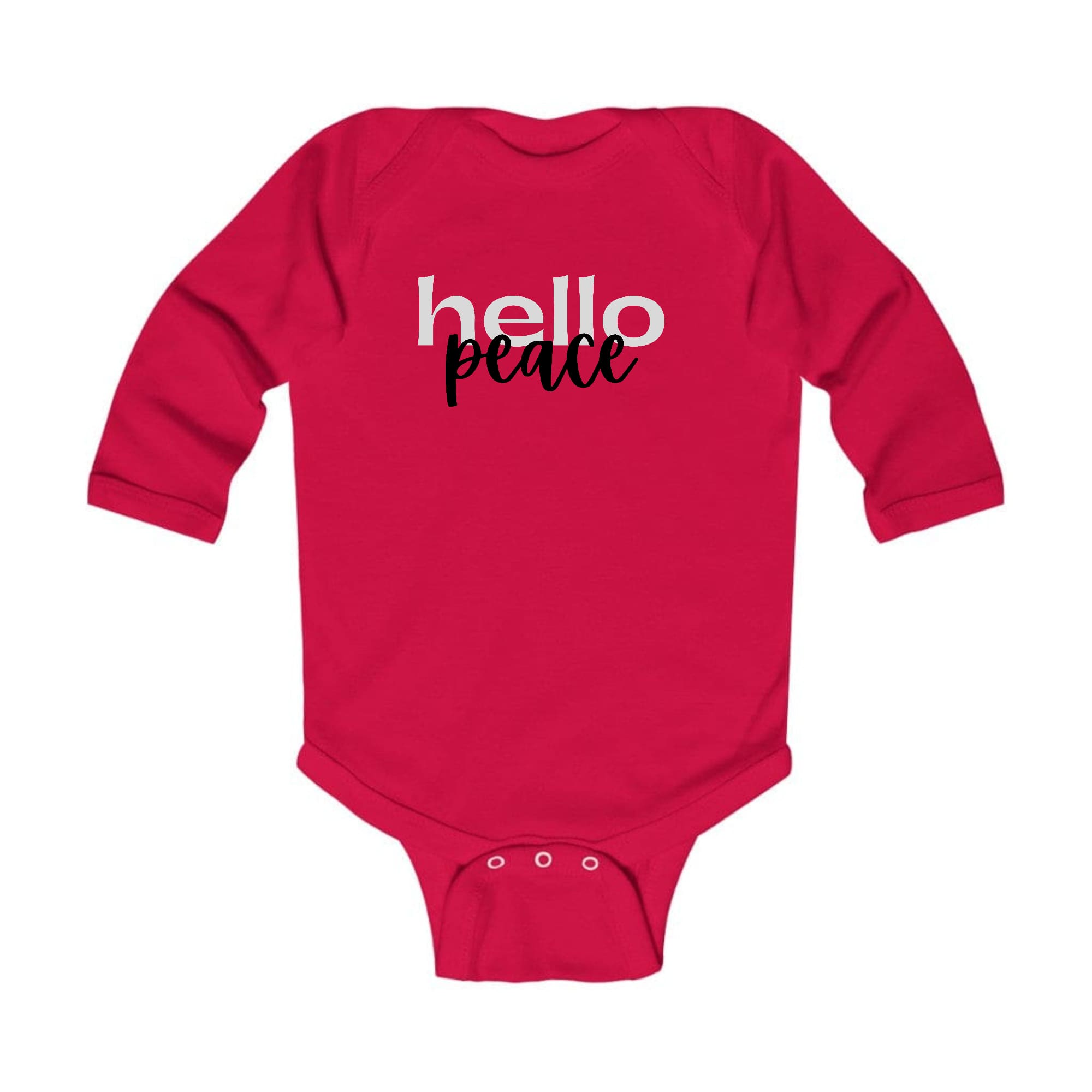 Infant Long Sleeve Graphic T-shirt in grey and black with 'Hello Peace' motivational print, designed for comfort and easy dressing.