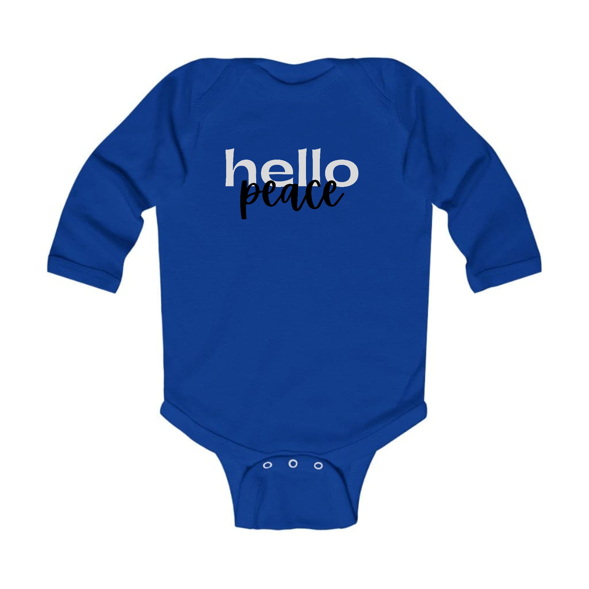Infant Long Sleeve Graphic T-shirt in grey and black with 'Hello Peace' motivational print, designed for comfort and easy dressing.