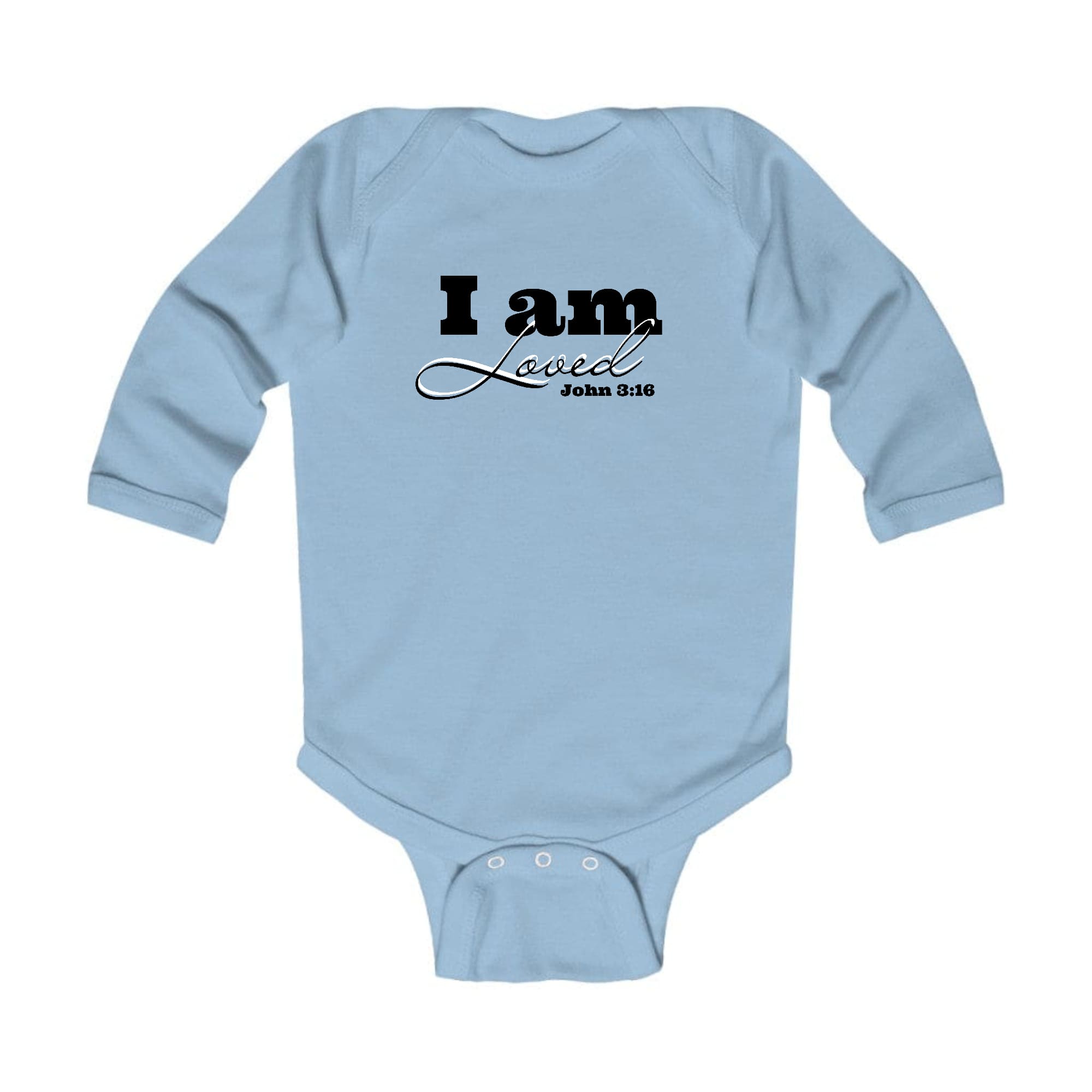 Infant Long Sleeve Graphic T-shirt in black with 'I Am Loved' and John 3:16 illustration, featuring lap shoulder design for easy dressing.