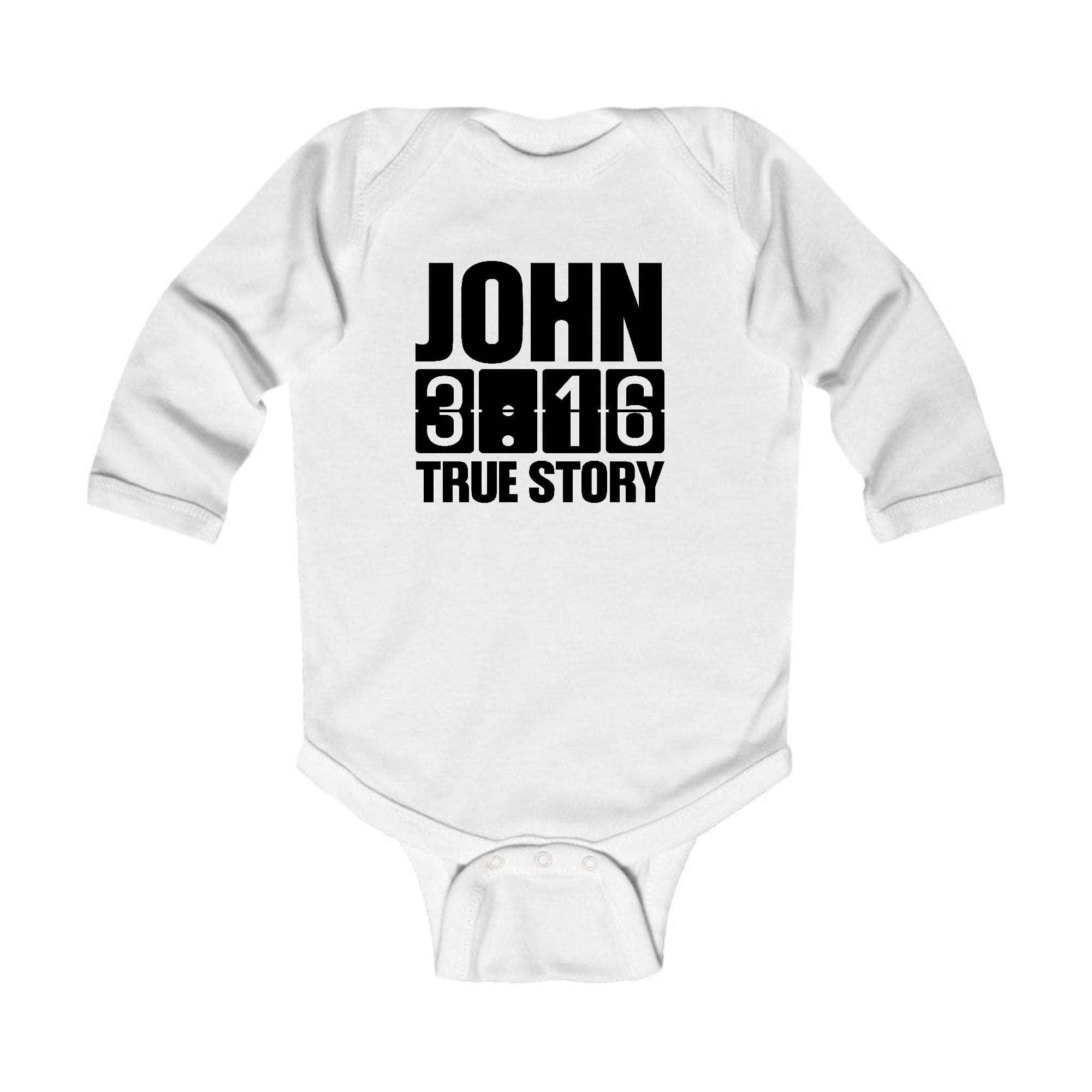 Infant Long Sleeve Graphic T-shirt featuring John 3:16 True Story Print, soft cotton fabric with lap shoulder design.