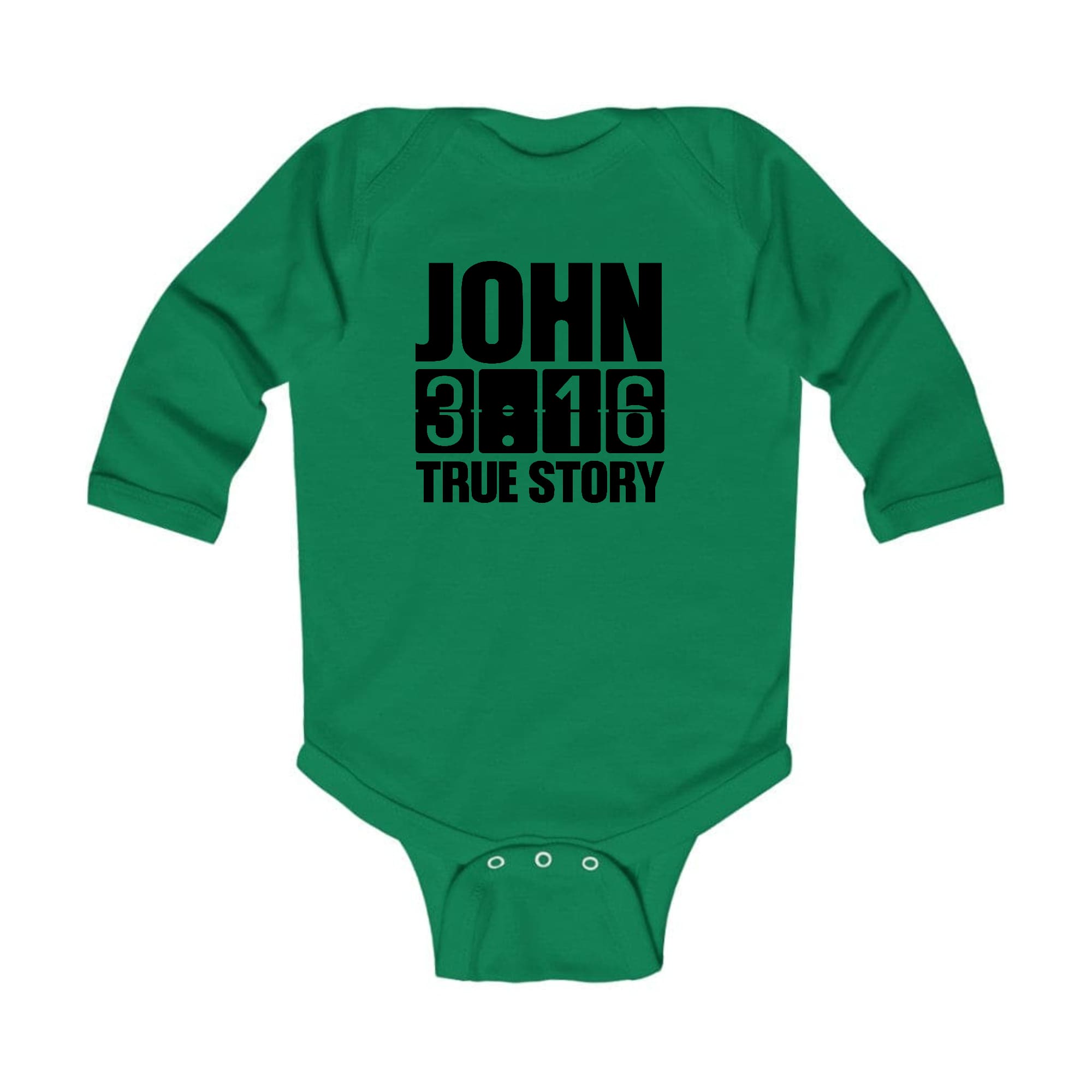 Infant Long Sleeve Graphic T-shirt featuring John 3:16 True Story Print, soft cotton fabric with lap shoulder design.