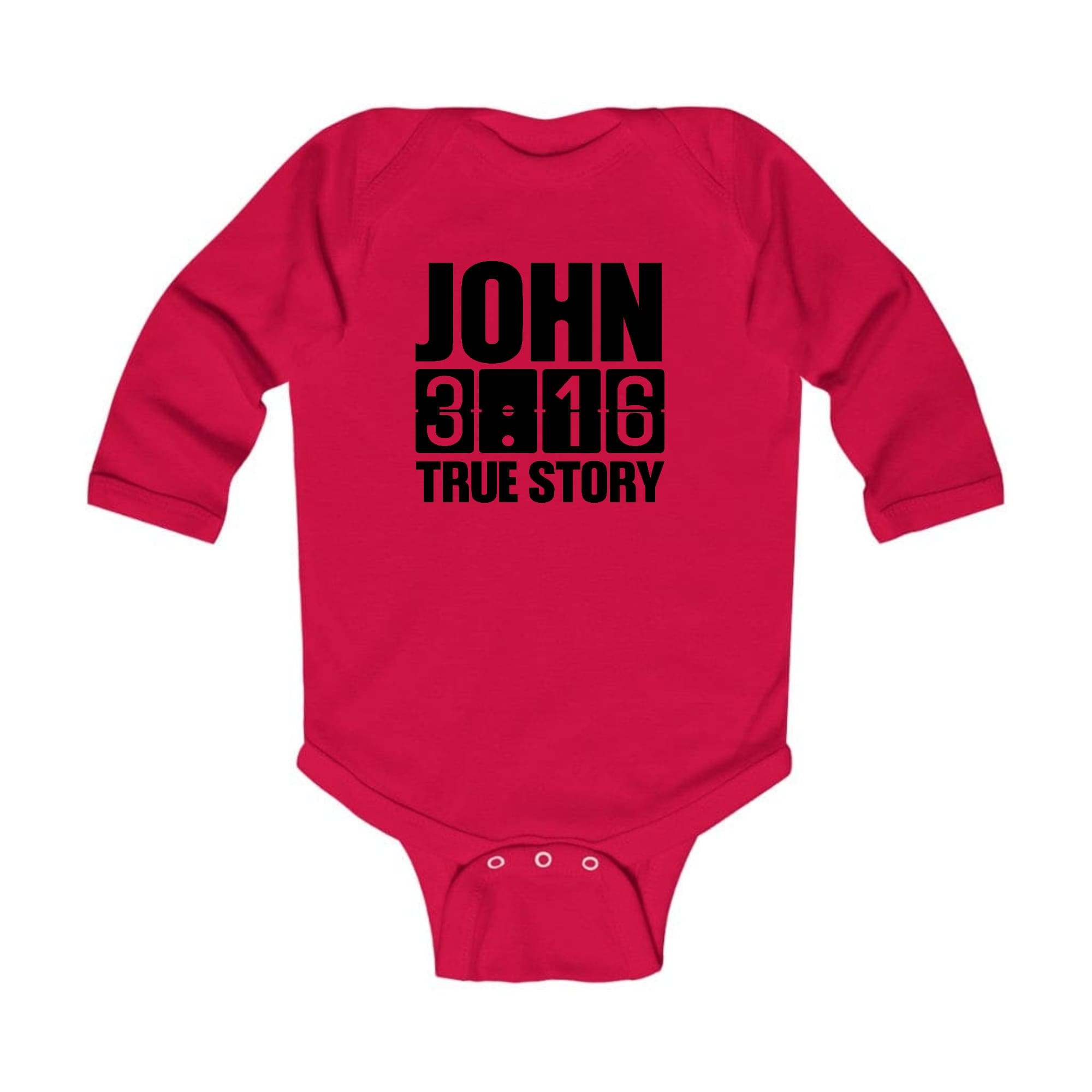 Infant Long Sleeve Graphic T-shirt featuring John 3:16 True Story Print, soft cotton fabric with lap shoulder design.