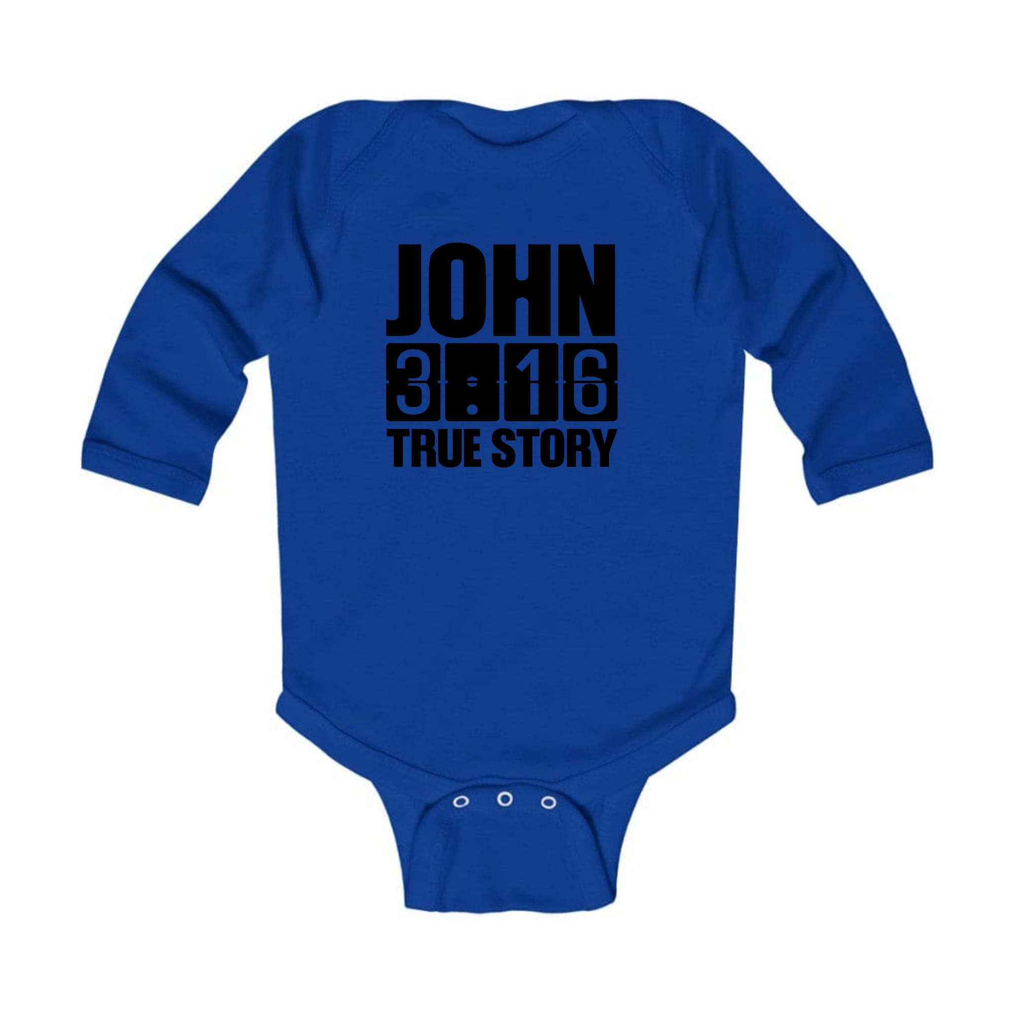 Infant Long Sleeve Graphic T-shirt featuring John 3:16 True Story Print, soft cotton fabric with lap shoulder design.