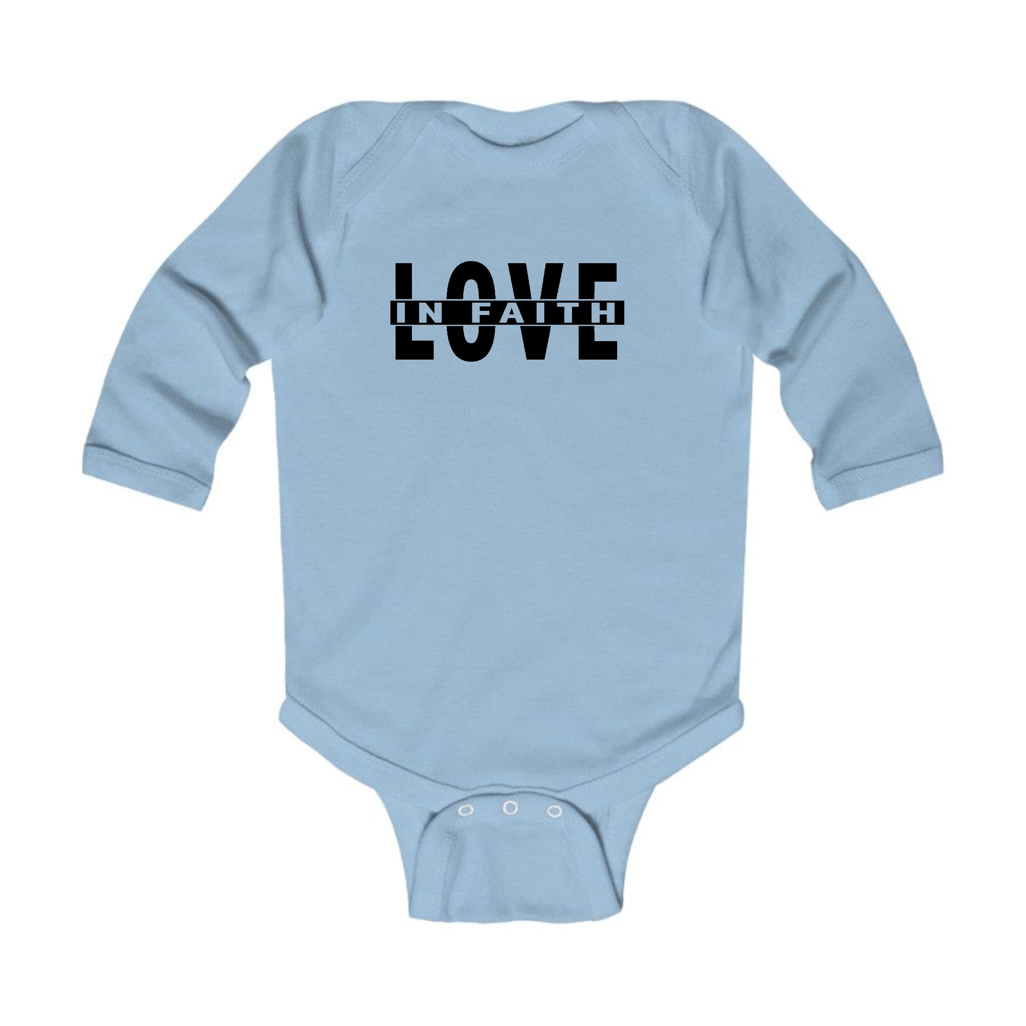 Infant Long Sleeve Graphic T-shirt in black featuring a Love in Faith illustration, designed for comfort and style.