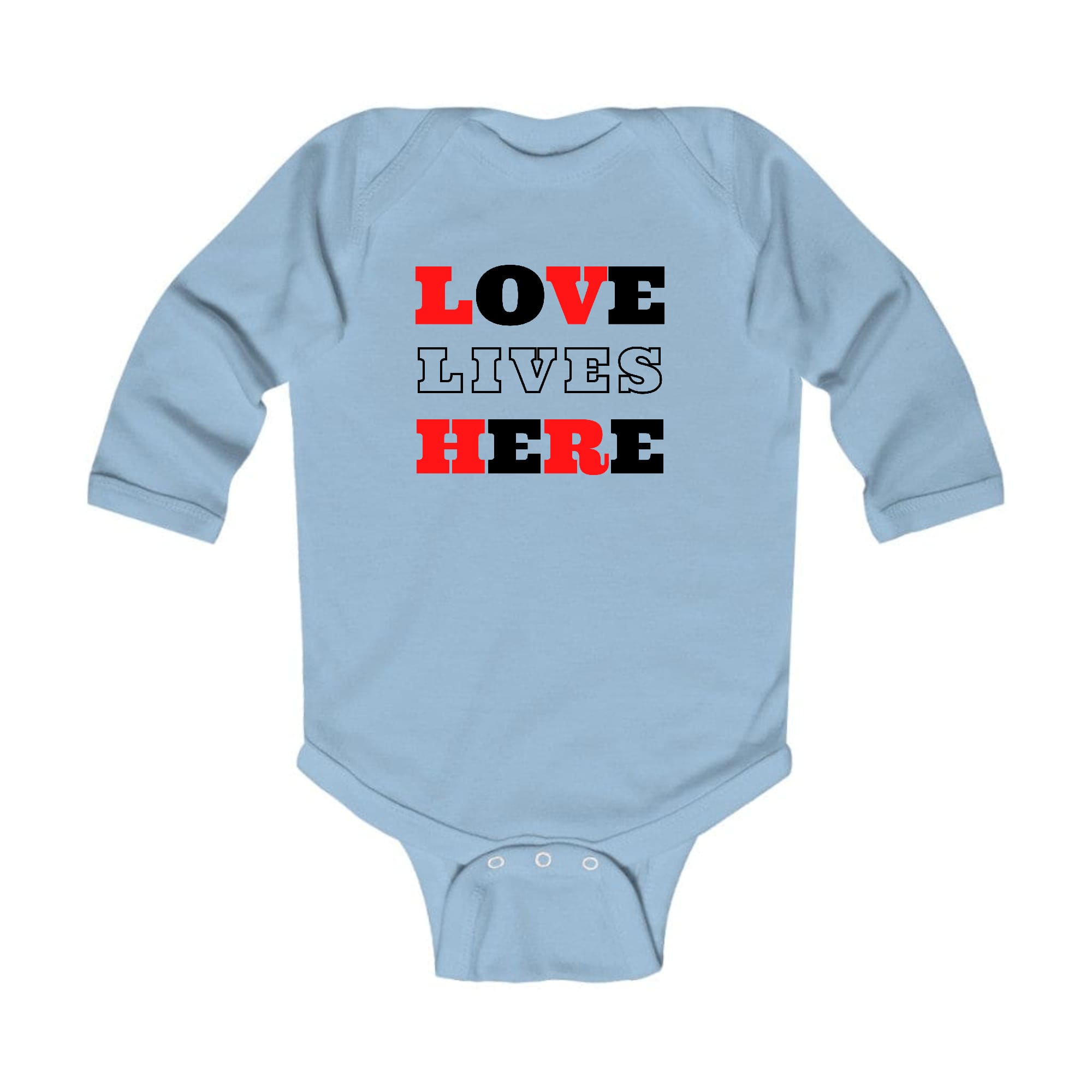 Infant Long Sleeve Graphic T-shirt in Christian Red with 'Love Lives Here' black illustration, perfect for babies.