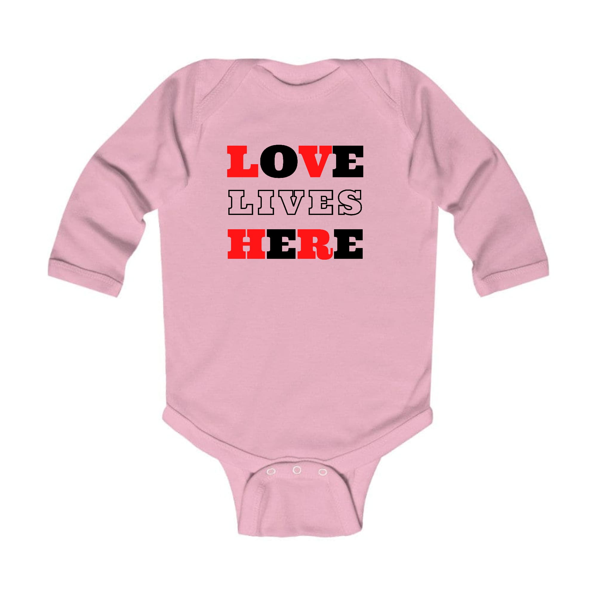 Infant Long Sleeve Graphic T-shirt in Christian Red with 'Love Lives Here' black illustration, perfect for babies.