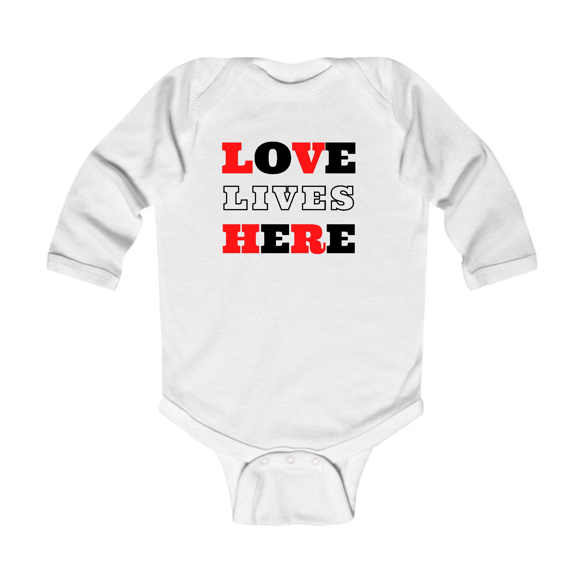 Infant Long Sleeve Graphic T-shirt in Christian Red with 'Love Lives Here' black illustration, perfect for babies.