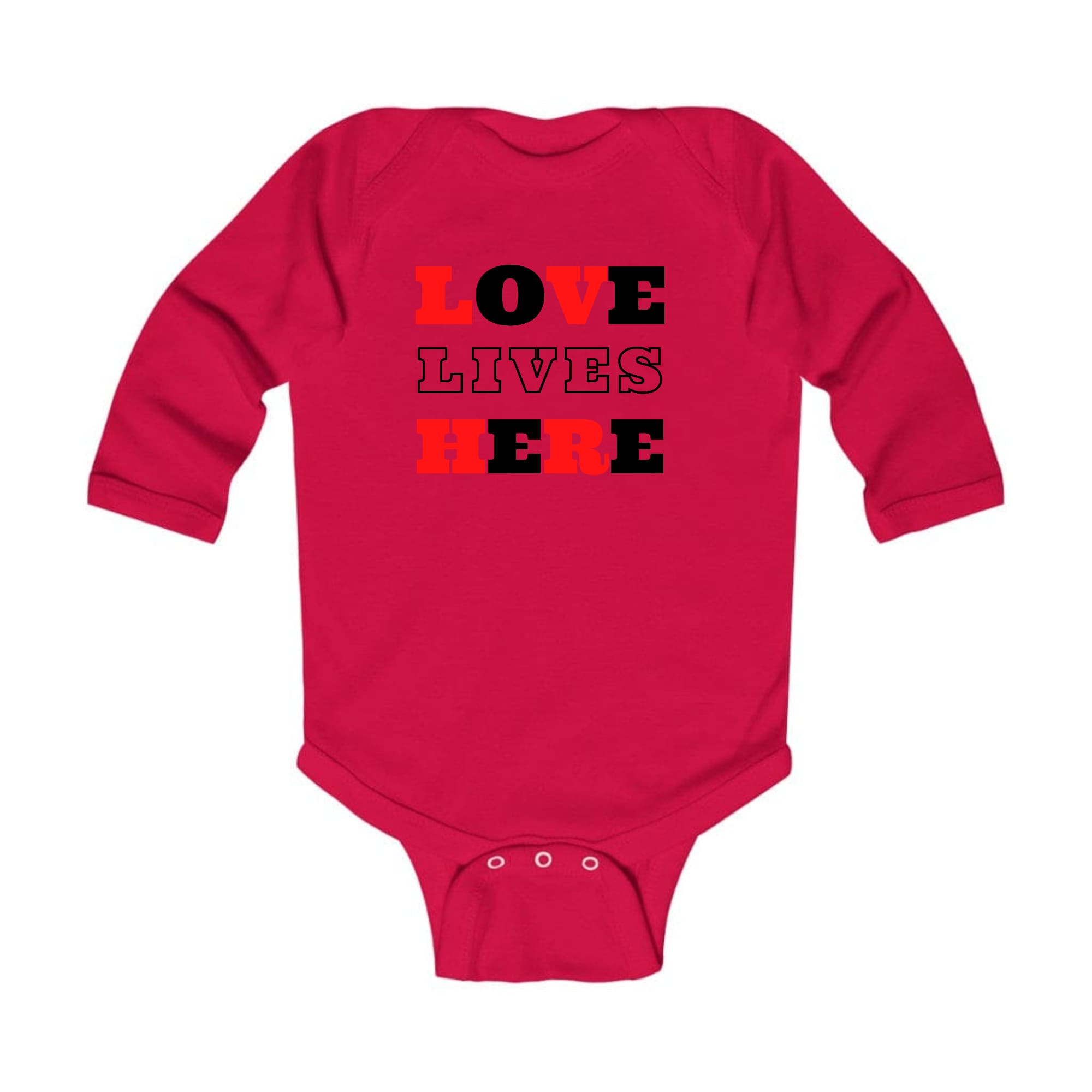 Infant Long Sleeve Graphic T-shirt in Christian Red with 'Love Lives Here' black illustration, perfect for babies.