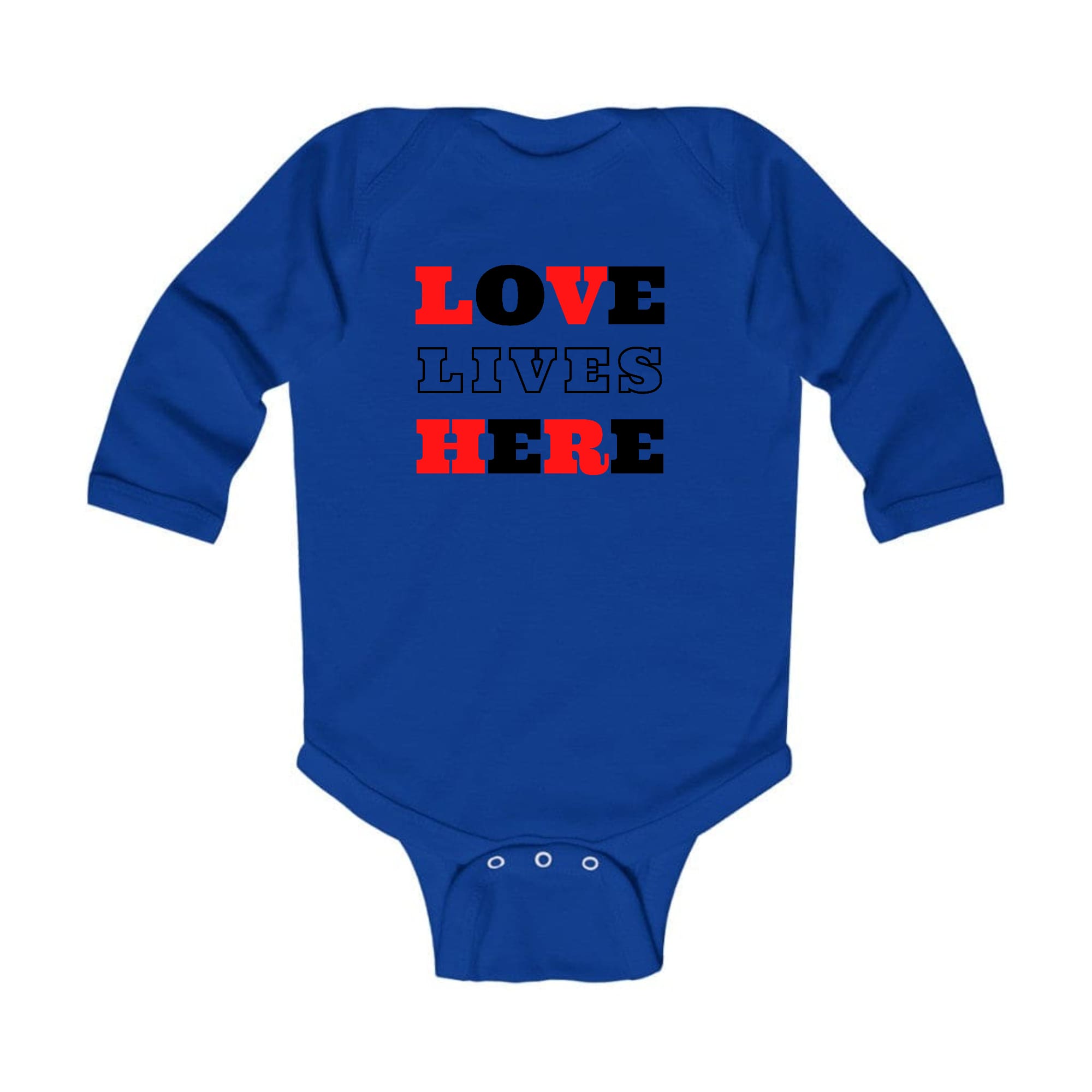 Infant Long Sleeve Graphic T-shirt in Christian Red with 'Love Lives Here' black illustration, perfect for babies.