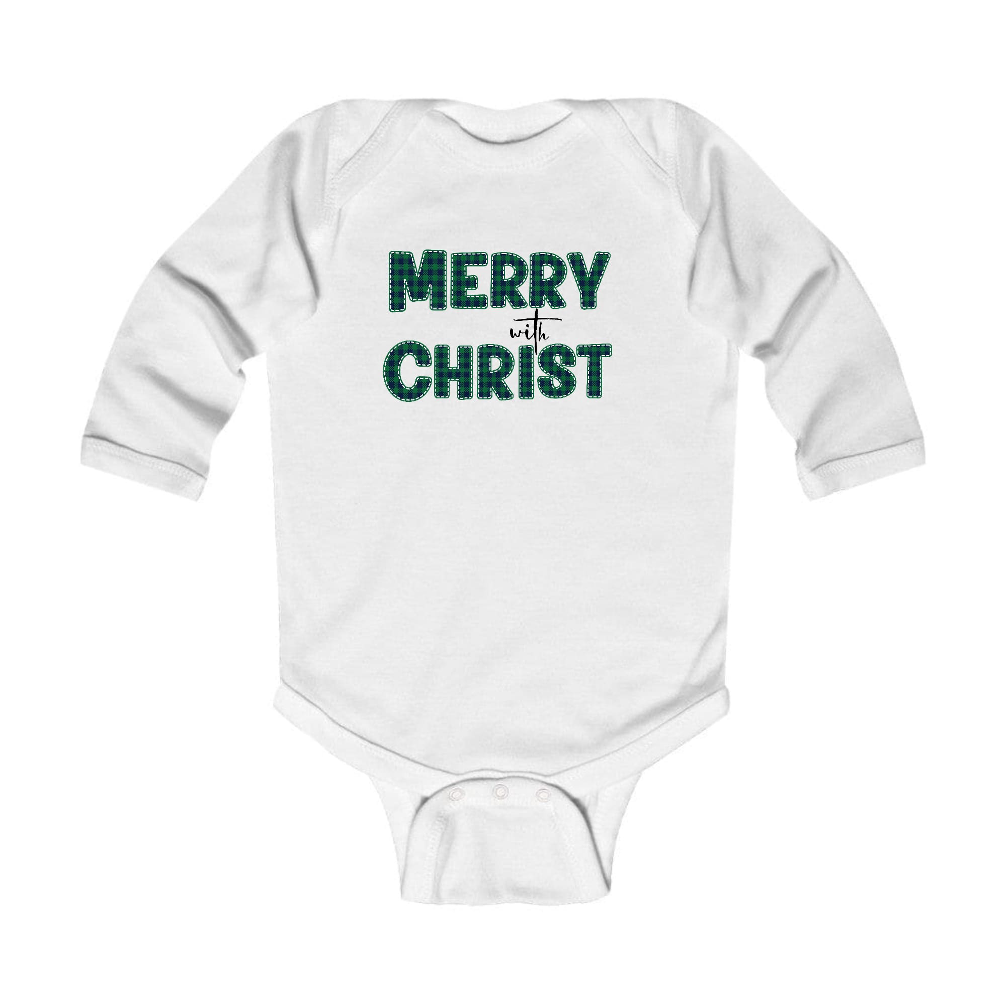 Infant Long Sleeve Graphic T-shirt in Green Plaid with Merry with Christ print, perfect for holiday celebrations.