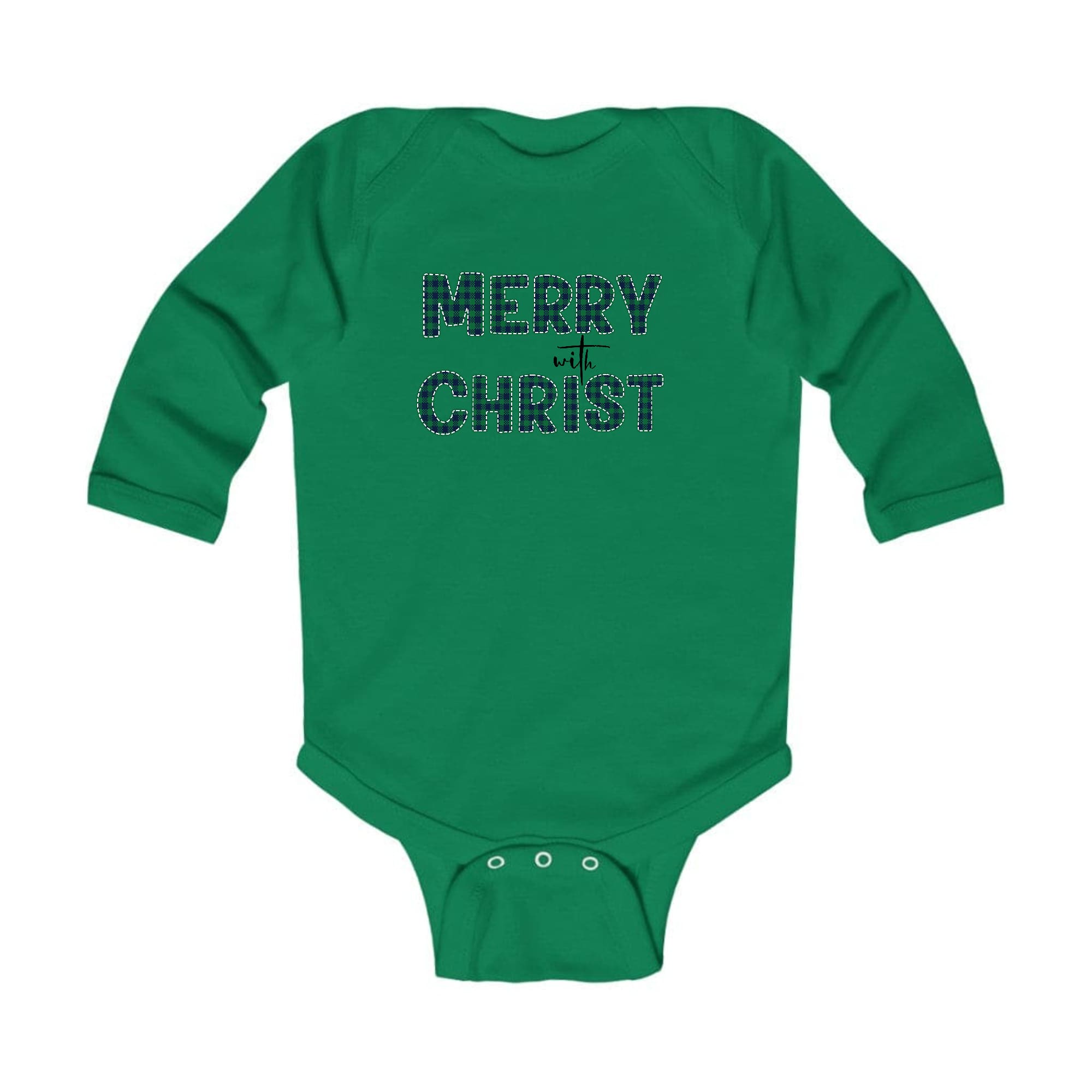 Infant Long Sleeve Graphic T-shirt in Green Plaid with Merry with Christ print, perfect for holiday celebrations.