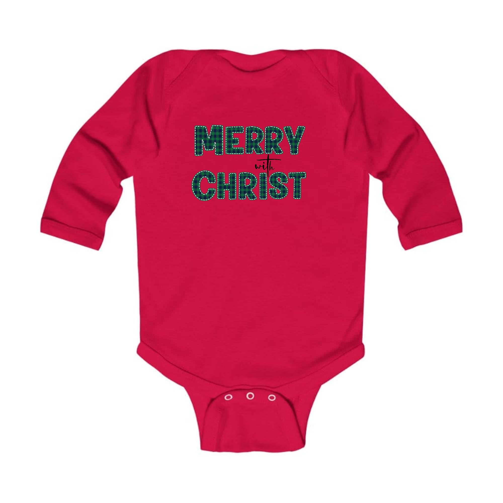 Infant Long Sleeve Graphic T-shirt in Green Plaid with Merry with Christ print, perfect for holiday celebrations.